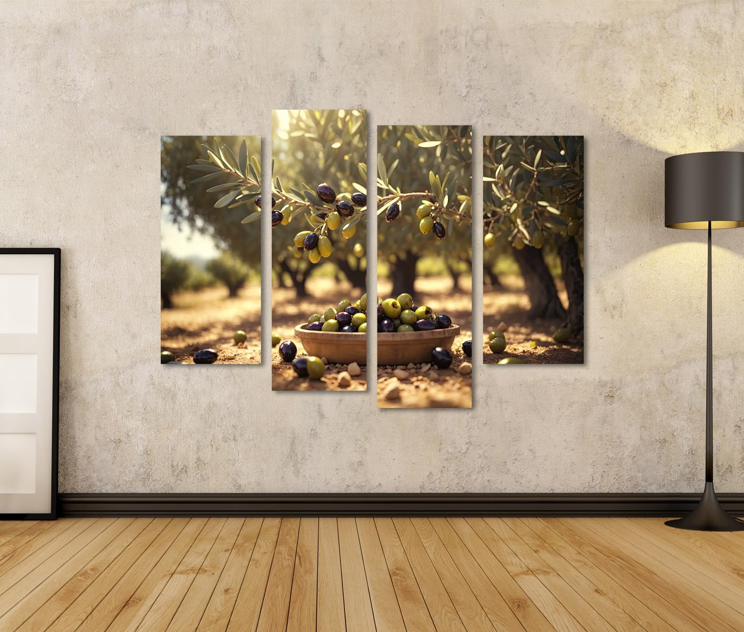 islandburner Mural sobre lienzo, diseño de aceitunas frescas en el olivar para cocina y comedor, 4 piezas