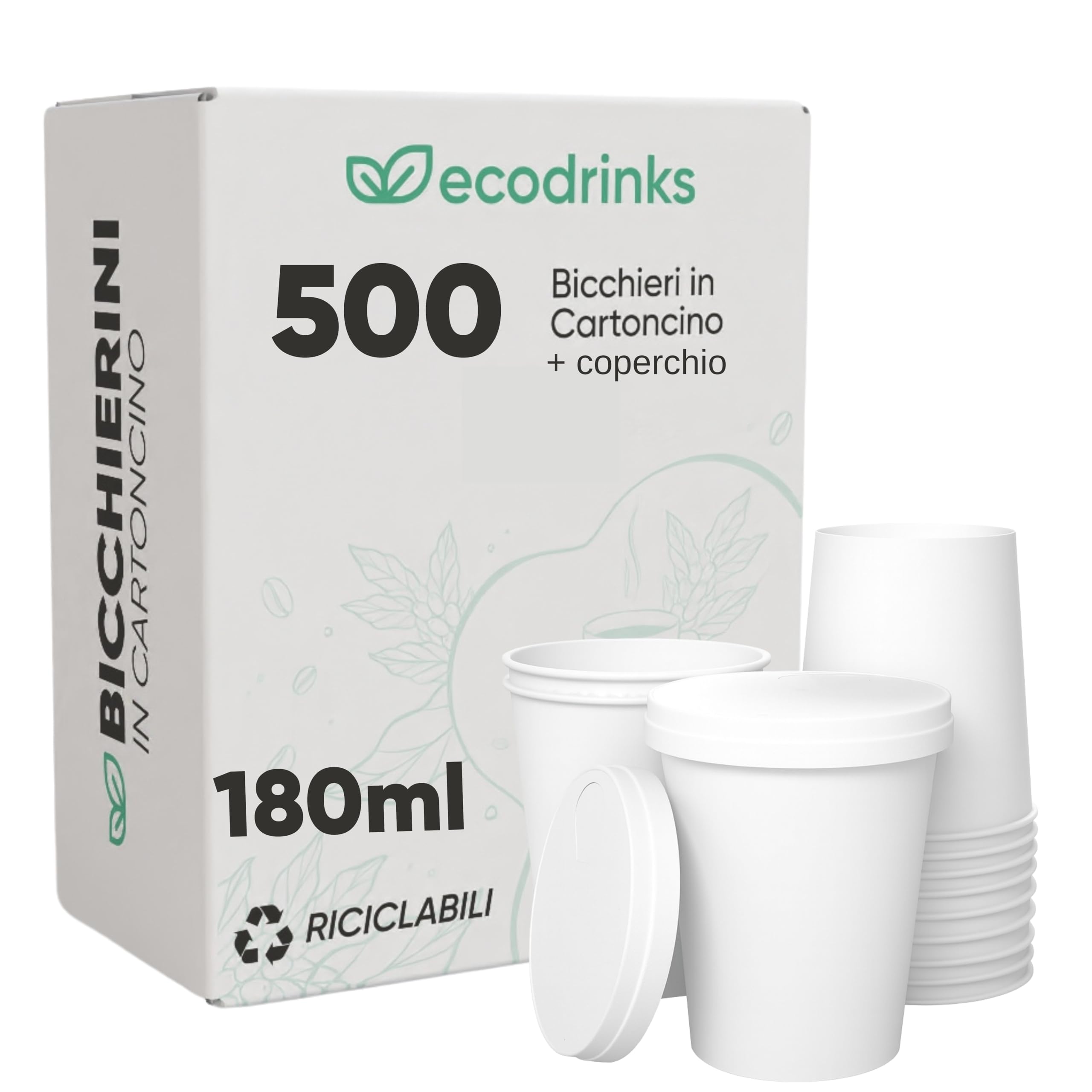 500 Bicchieri di Carta con Coperchio in Cartone da 180ml - Per Caffè Lungo, Espresso, Ginseng, Acqua o Cocktail - Adatti all'Uso Domestico, e Attività, Bianchi