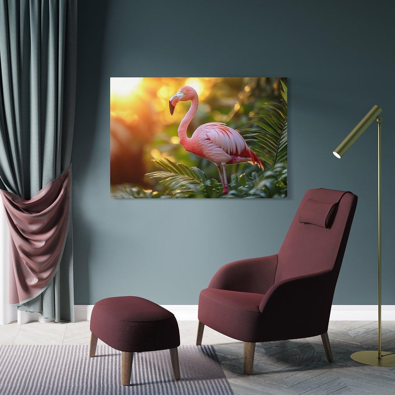 Junmoney Frame-Style-3 Wall Picture Print Pink Flamingo In Tropical Setting, 20X30inch(50X75cm), For Living Room, Lounge Or Sitting Room, A Home Accent With Warm Character