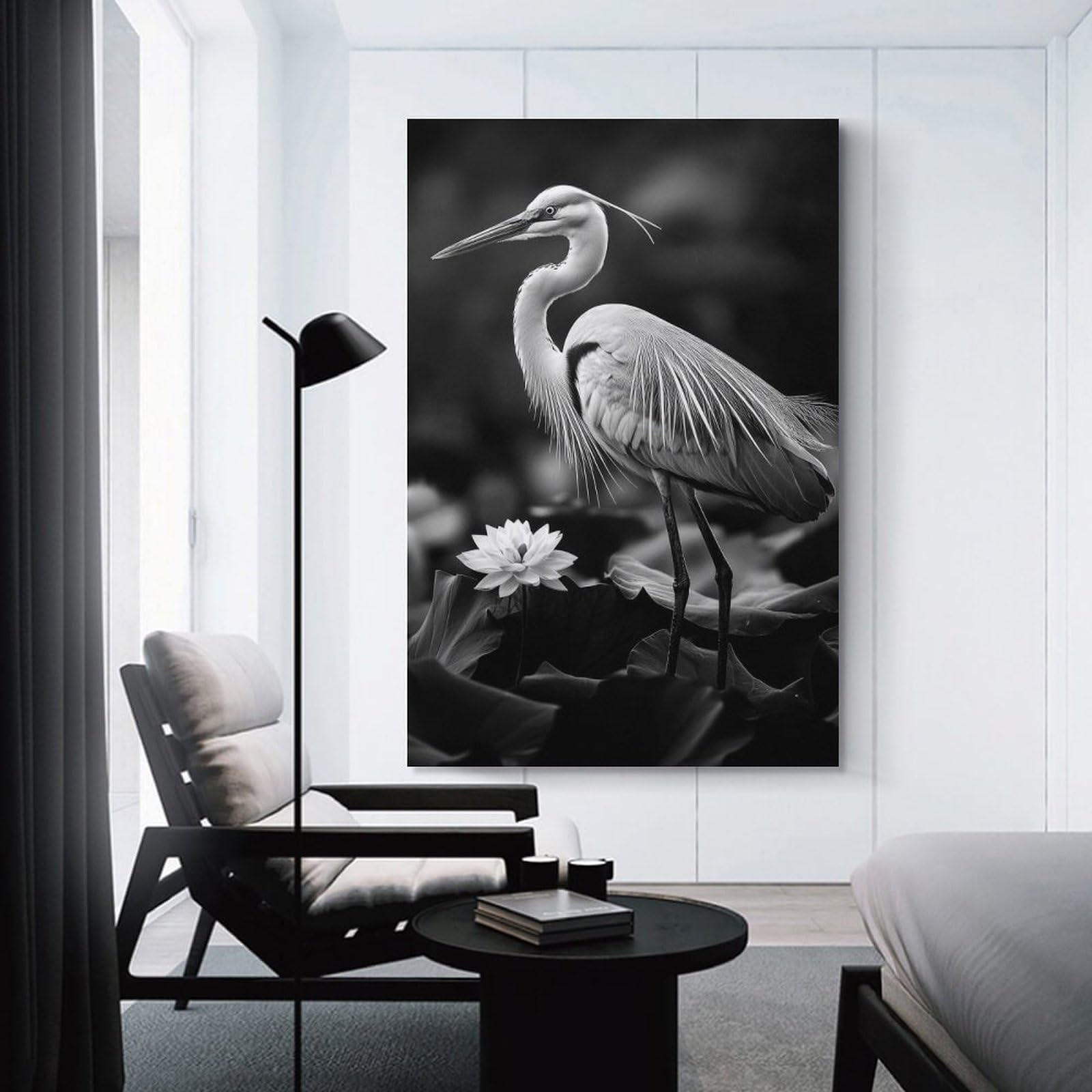 Junmoney Wall Picture Print Heron And Lotus, 12x18inch(30x45cm), for Wall Displays, Bedrooms Or Room Updates, Wall Decor Suited to Curated Displays