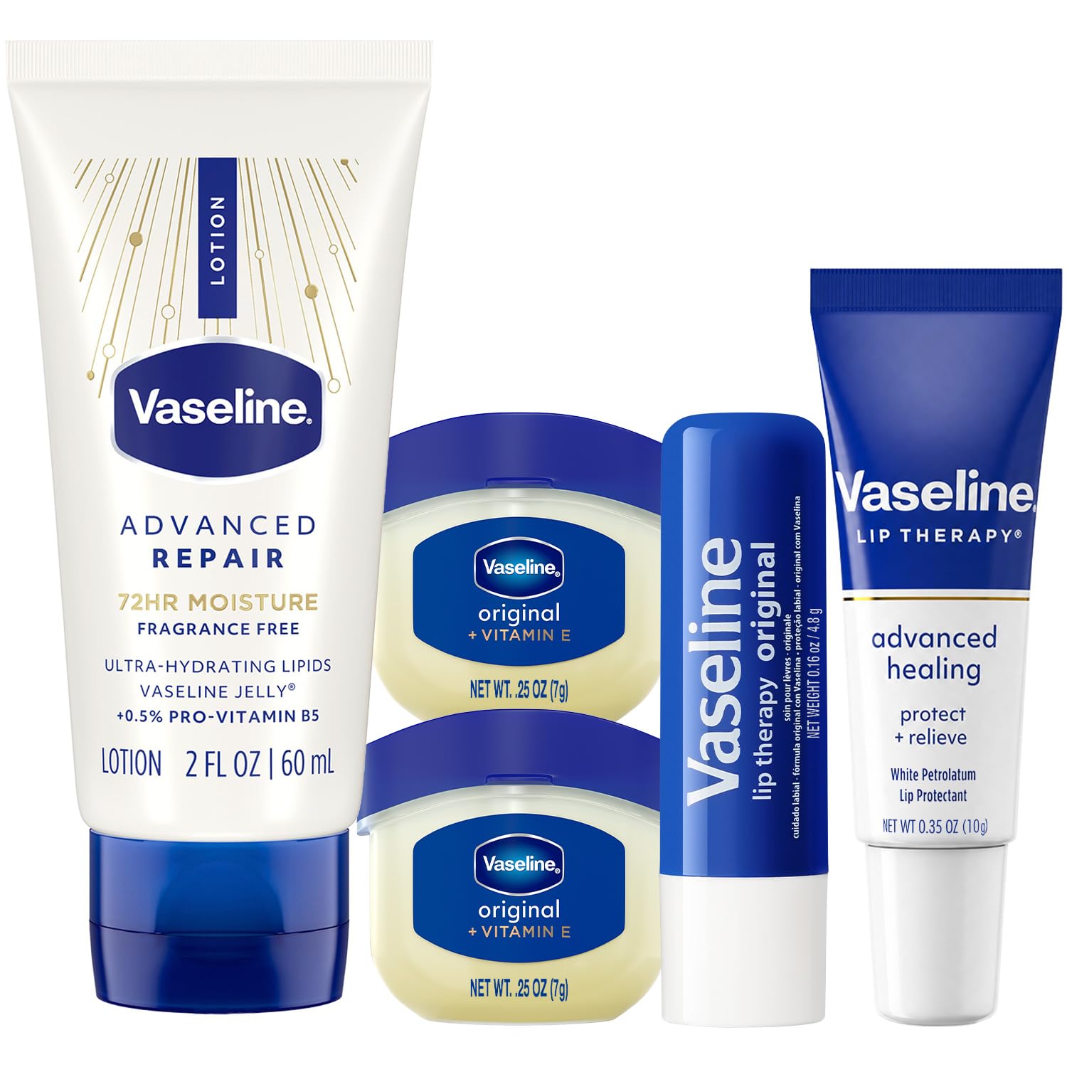 Vaseline Travel Essentials, Fragrance-Free Skin & Lip Care – Advanced Repair Unscented Lotion + Lip Therapy, Advanced Healing Tube, Original Stick & Mini Jars