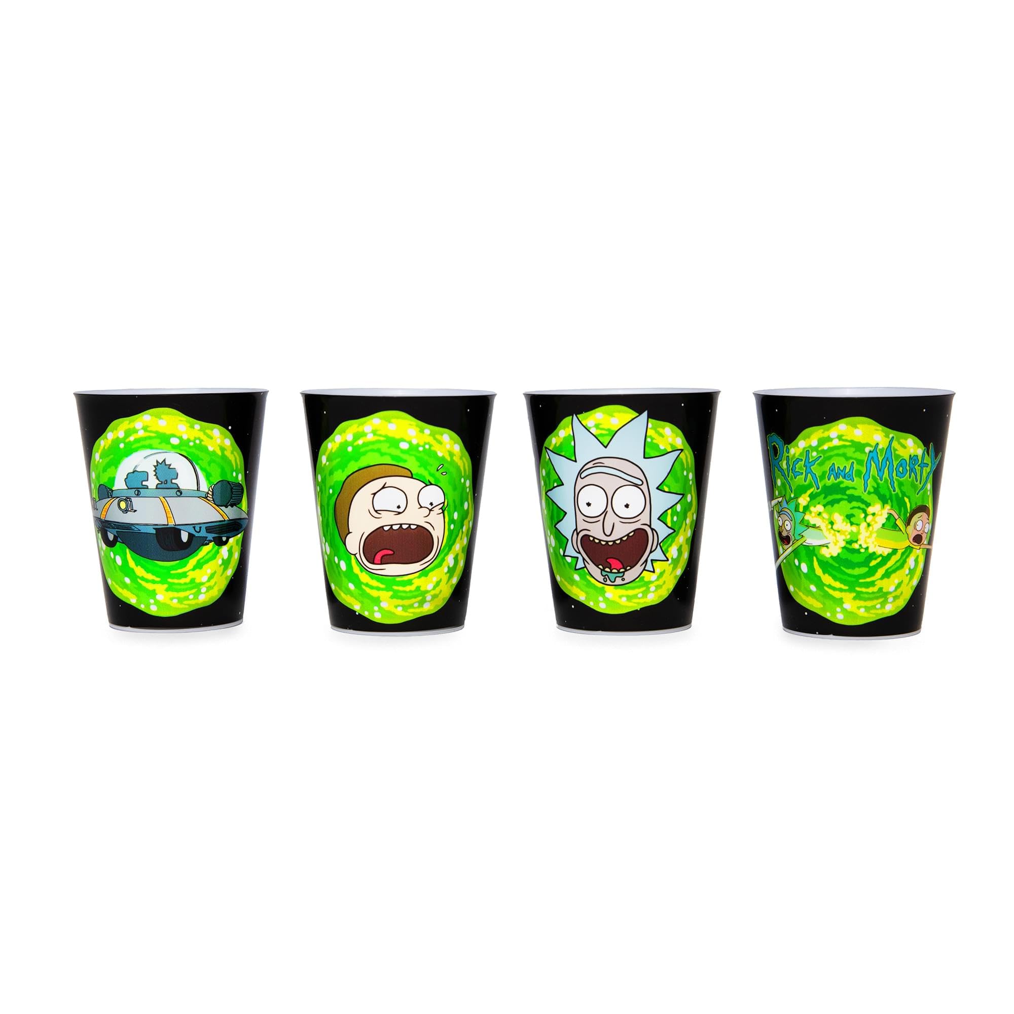 Rick and Morty 1.5-Ounce Plastic Mini Cups, Set of 4 | Whiskey Shot Glasses, Home Bar Drinkware