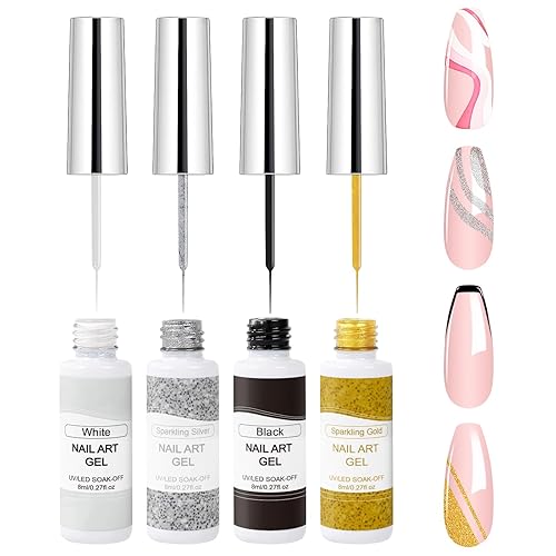 VIVAALI Gel Liner Nail Polish Set,4 Colors Black White Nail