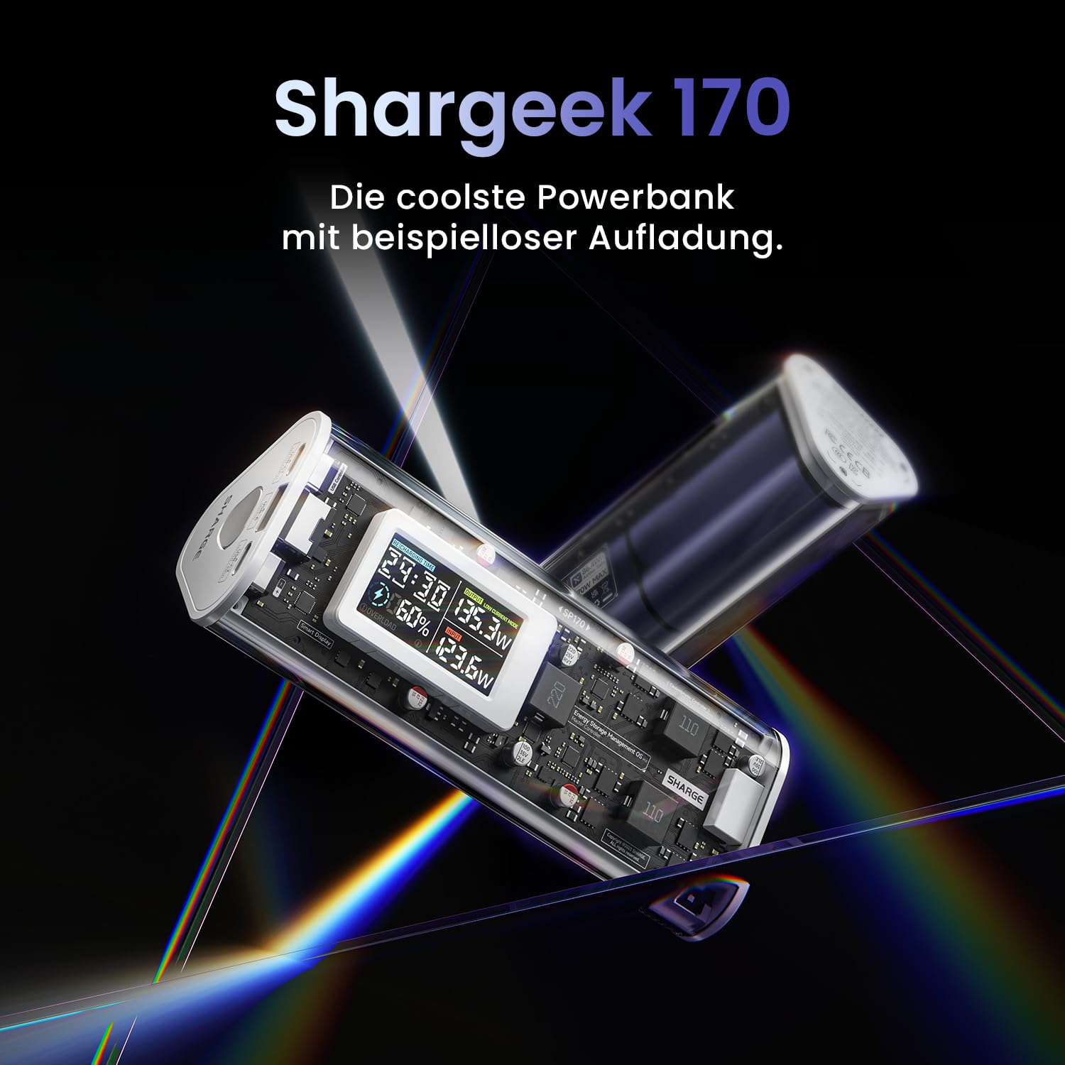 SHARGEEK 170 Power Bank 24000mAh 140W PD 3.1 con Screen Display, Batteria Esterna Portatile a Ricarica Rapida, Compatibile con iPhone 16/15/14, MacBook Pro, Computer Portatili e Altri Dispositivi