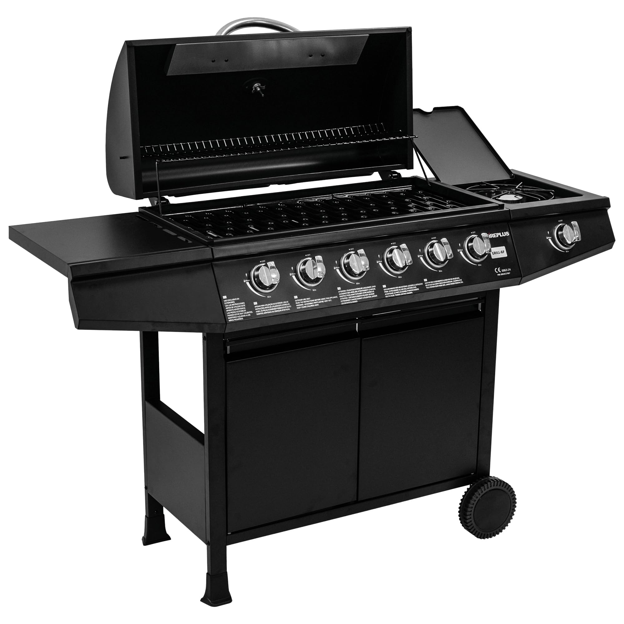 Amig - Barbacoa de gas Fireplus 6+1 de 12,9 kW - Acero inoxidable Negro - Parrilla con ruedas Modelo GRILL-6F - Barbacoa XXL con carro y termómetro - 138x52x103 cm - 7 quemadores y Bandeja lateral
