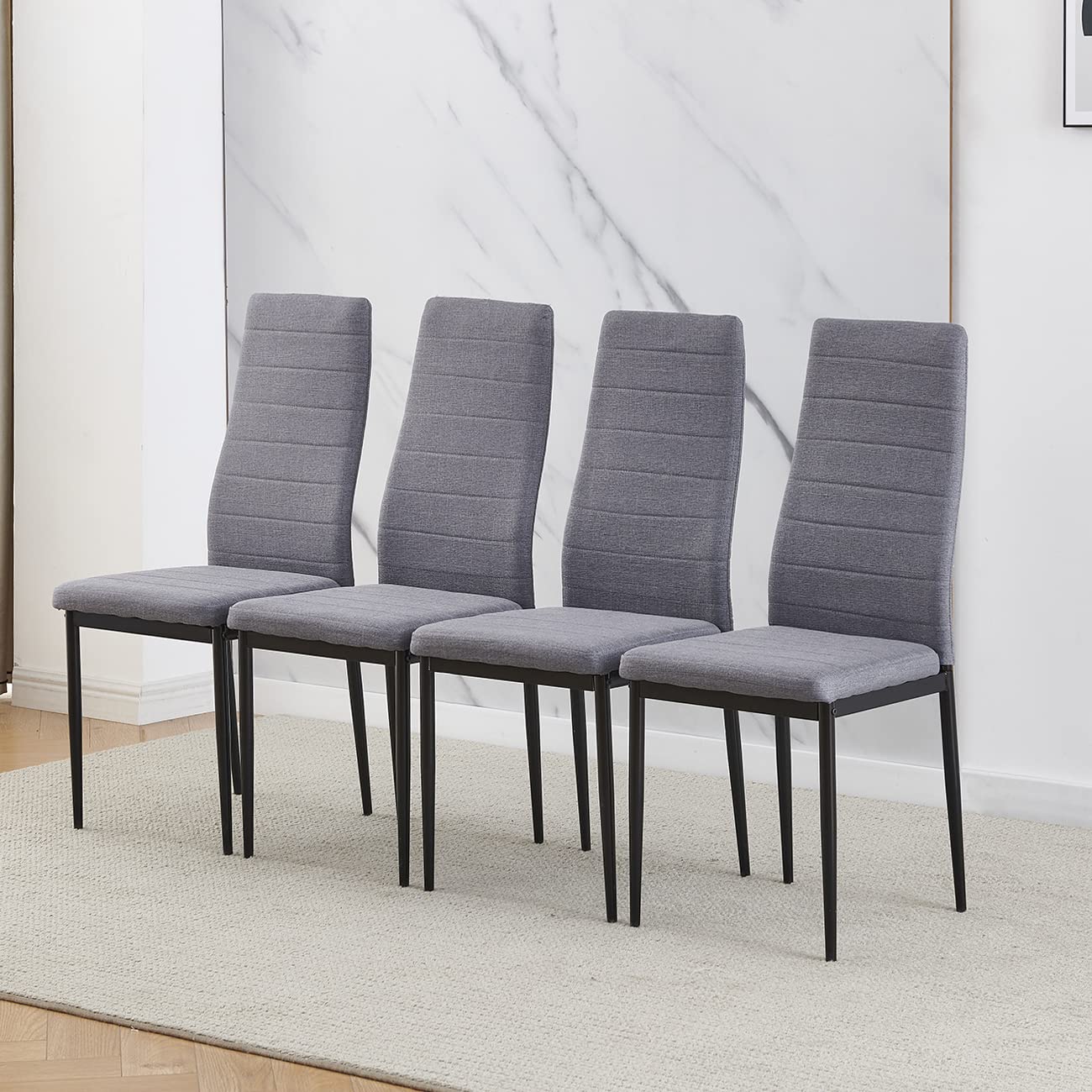 Menaka Modern Dining Room Kitchen Chair Set of 4 Grey Linen Fabric, Utility Chairs Upholstered Padded Seat with Black Metal Legs Home Office Restaurant Pad (Grey Linen, 4)