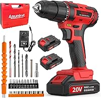 ASUNKYT 20V Cordless Hammer Drill Kit, 30Nm Torque, 3/8" Keyless Chuck, 2 Batteries & 27pcs Bits for DIY Home Repairs