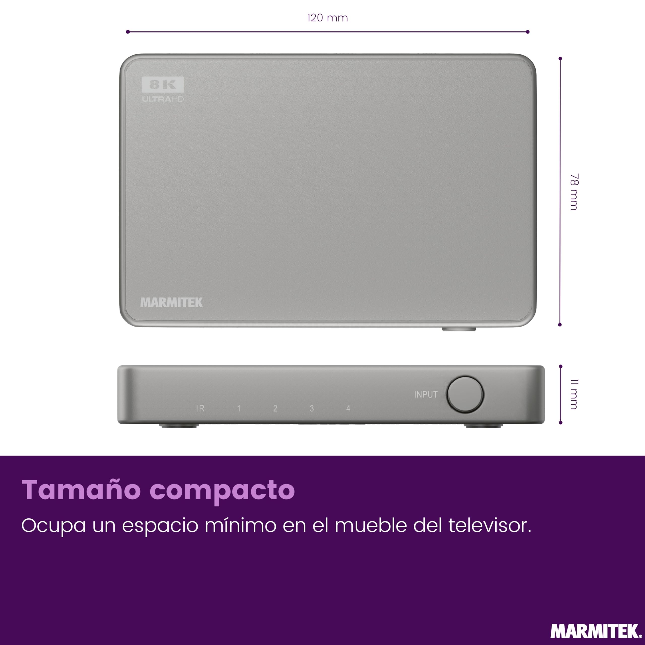 Marmitek Connect 740 - Switch HDMI 8K - 4K120 Gaming - 4 entradas 1 Salida | Conmutador HDMI 2.1, 4 entradas 1 salida para gaming 4K120, 48 Gbit/s, VRR, ALLM, QMS, QFT, cambio automático y mando