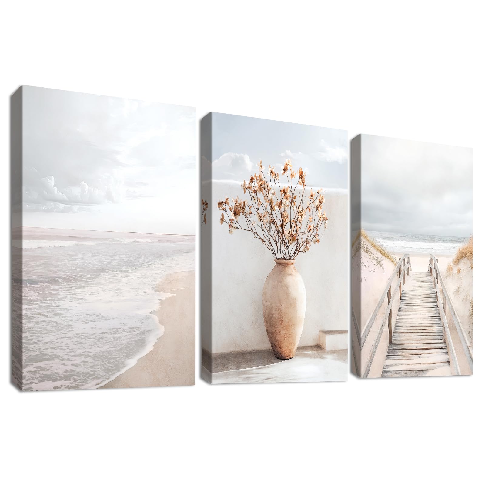 3 Pcs Wooden Framed Canvas Wall Art Path to the Sea Beach Canvas Prints Boho Beige Seascape Painting Ocean Coastal Scenery Pictures for Living Room Bedroom Bathroom Hallway Wall Decor 40x60 cm x3pcs