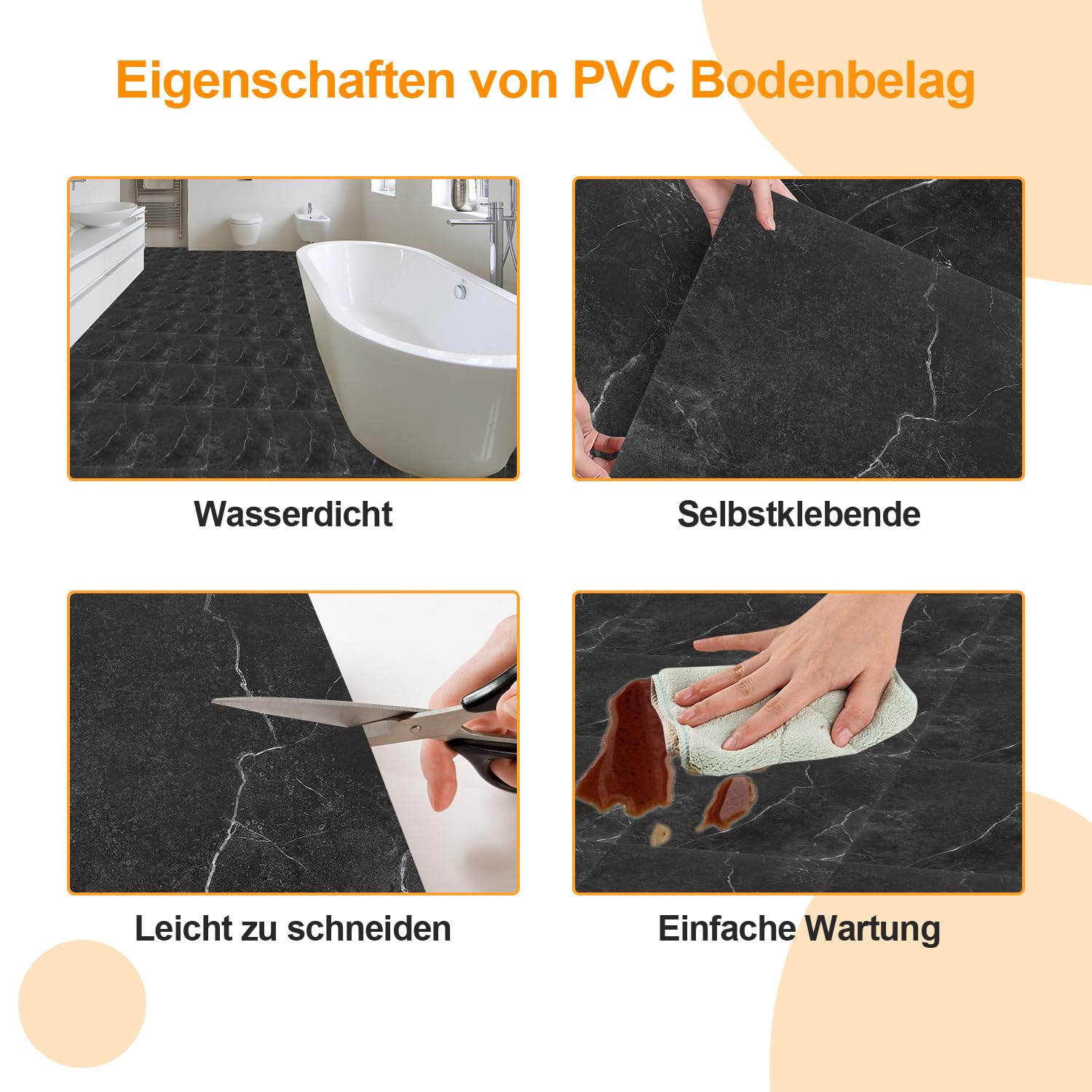 PVC Bodenbelag Selbstklebend, Vinylboden Klebefliesen 30×30 cm quadratisch, rutschfest & wasserabweisend, für Küche Bad Wohnzimmer (Schwarze Marmoroptik, 110 Fliesen, ca. 10 m²)