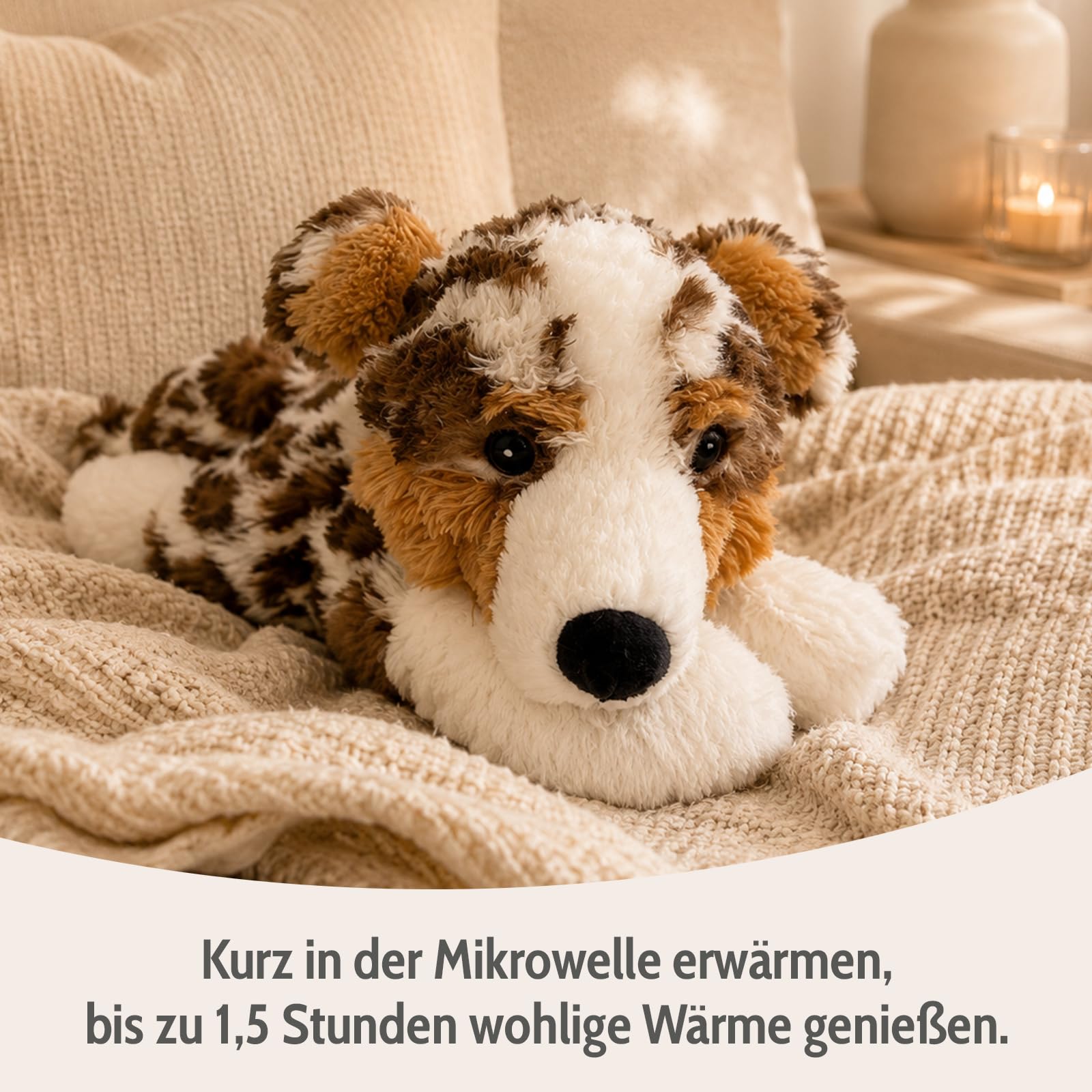 Habibi Plush Wärmekissen/Stofftier f. Kinder und Erwachsene – 2047 Australien Shepherd mit Hirsefüllung, Wärmekuscheltier zum Erwärmen in der Mikrowelle/Backofen, ideal auch für Babys