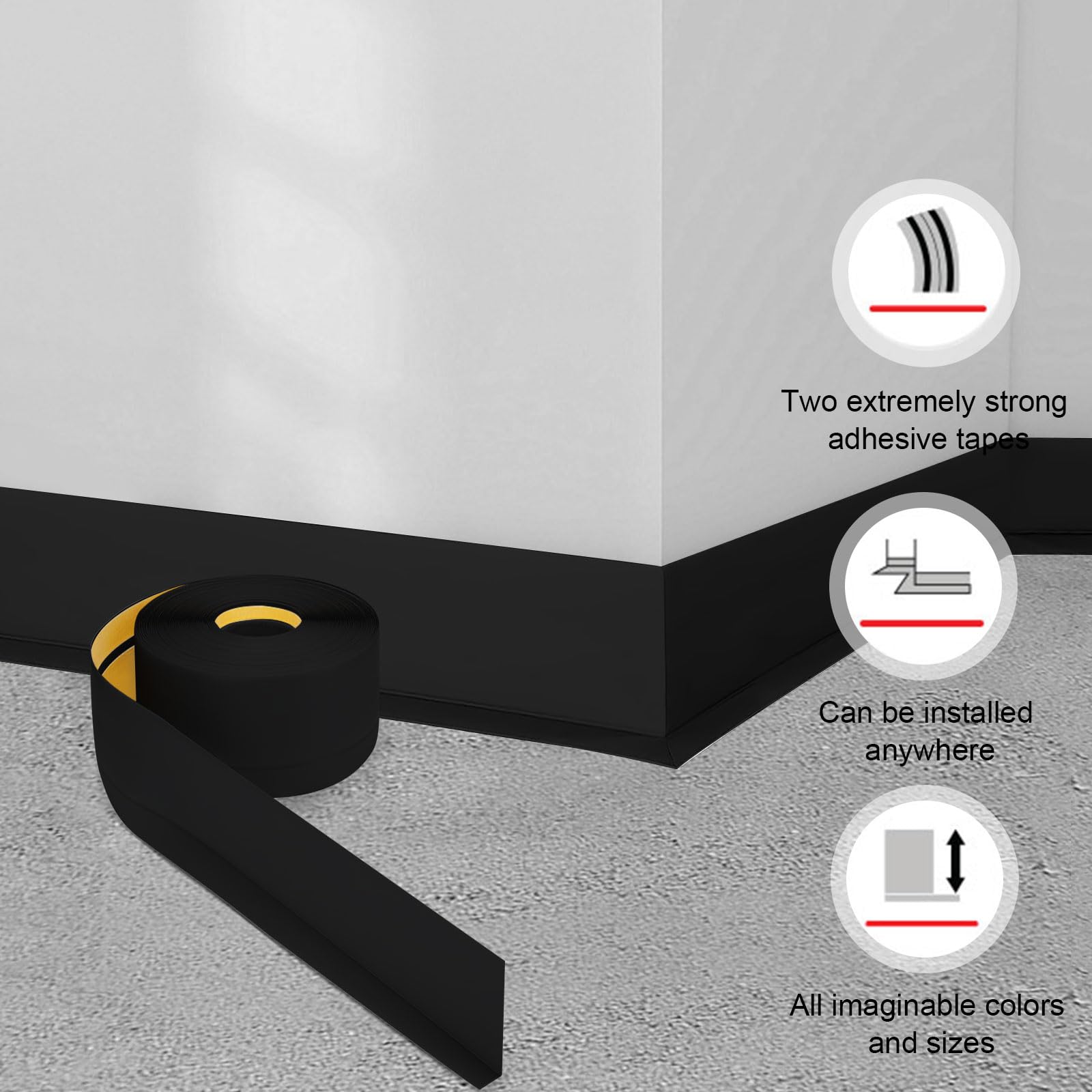 Listwa przypodłogowa, 60 mm x 20 mm x 10 m elastyczna listwa przypodłogowa z PCW, wodoodporna, odporna na zabrudzenia i pleśń, odpowiednia do łazienki i kuchni (czarna)
