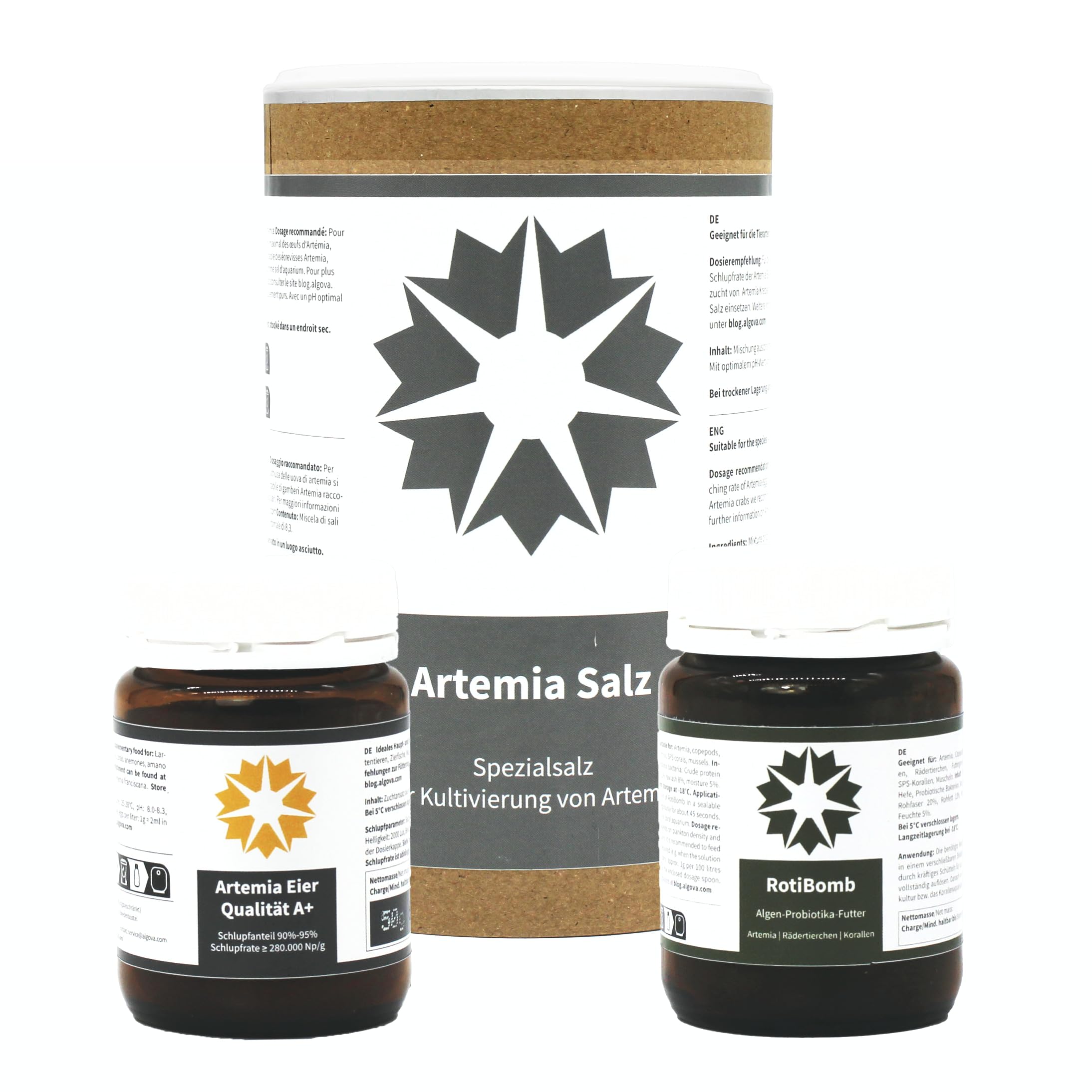 algova Artemia Set | 50g Artemia Eier A+ | 50g RotiBomb Artemiafutter | 1kg ArtemiaSalz