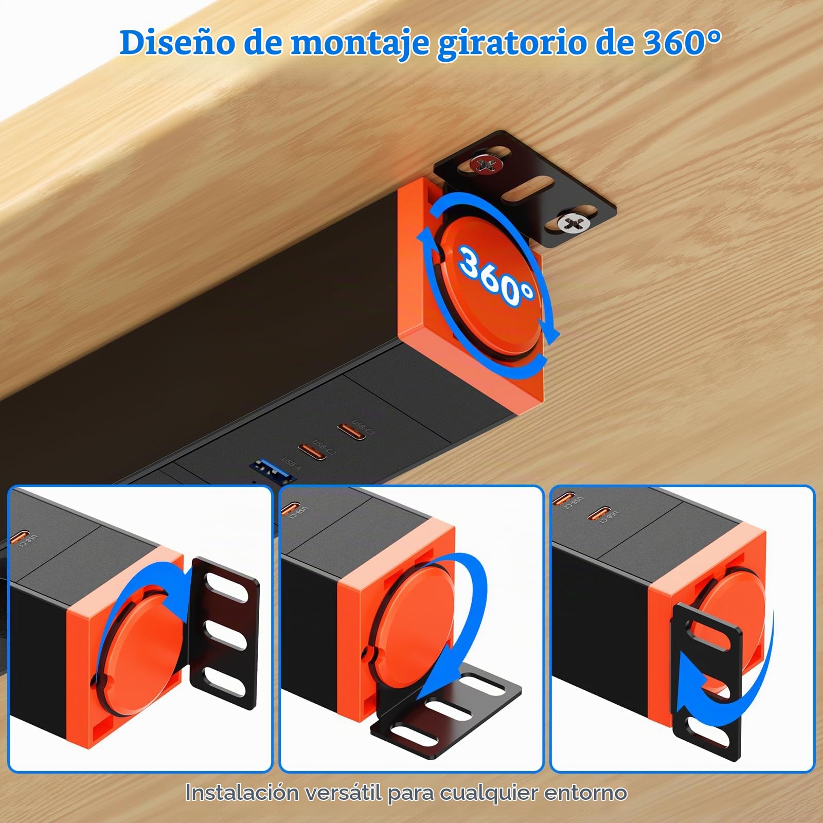 Regleta Enchufes 8 Tomas con Protección contra Sobretensiones y USB-C 30W, Regleta Giratoria 360° para Montaje en Pared, Cable de Extensión 1,8 m, 16A/4000W, Blanco