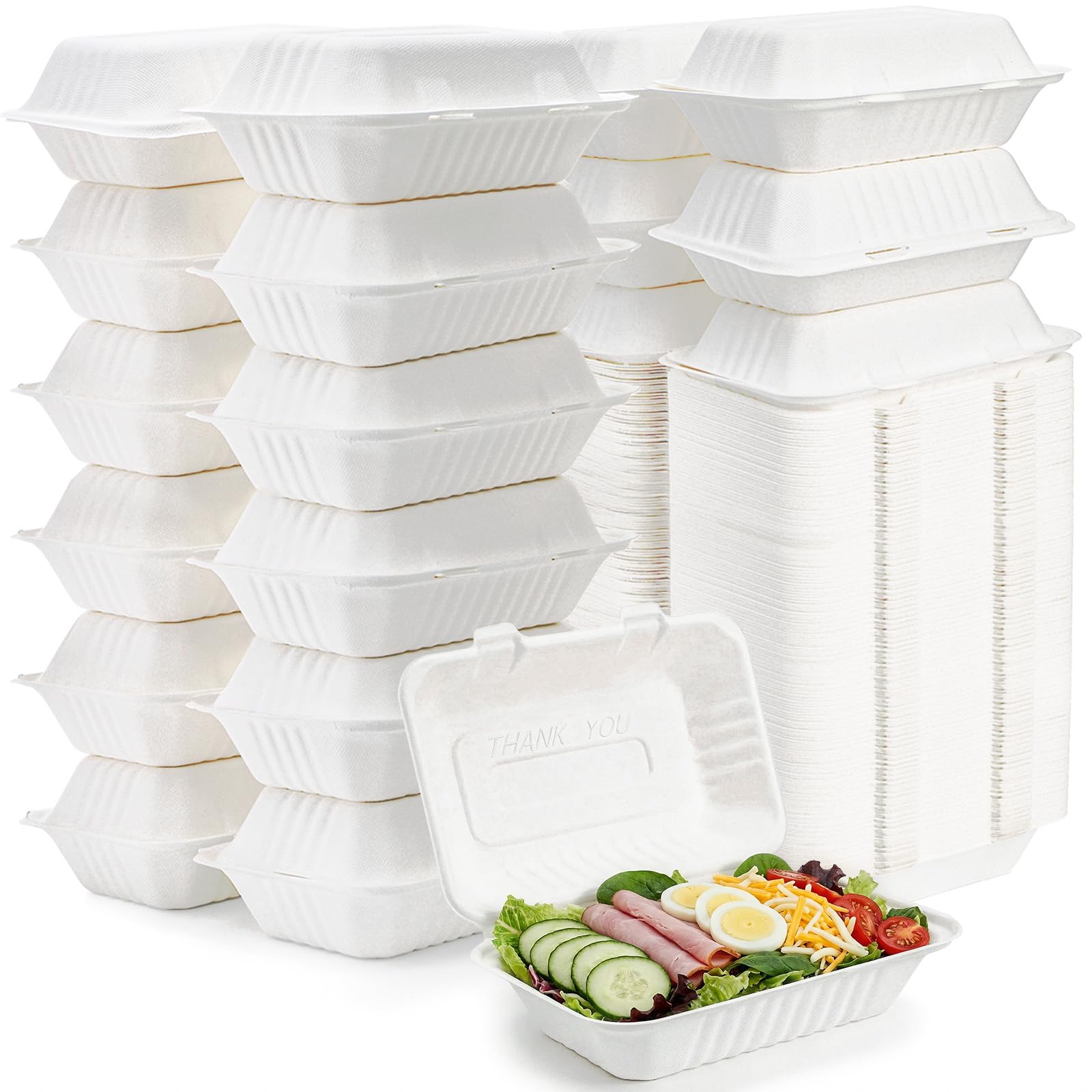 Elsjoy 90 Pack Disposable Clamshell To Go Containers, 9"x 6" Single Compartment Take Out Food Containers, Compostable Hinged Container Takeaway Lunch Box for Restaurant, Party, Microwave Safe