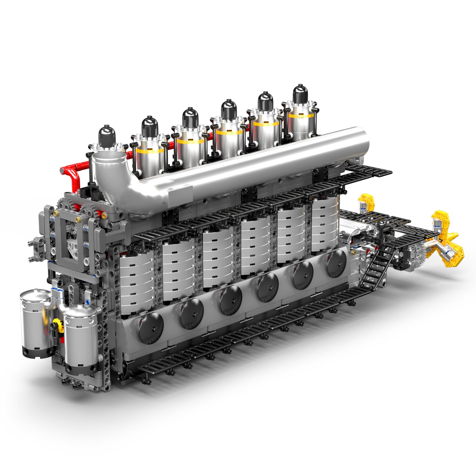 Mould King 10209 Technik Reihensechs-Zylinder-Flugzeugträger-Motor-Baustein-Modell | Elektrische Verbindung des Sechs-Zylinder-Schiffsmotors | Doppelpropeller-Übertragungs-Demonstration（3222+Teile）