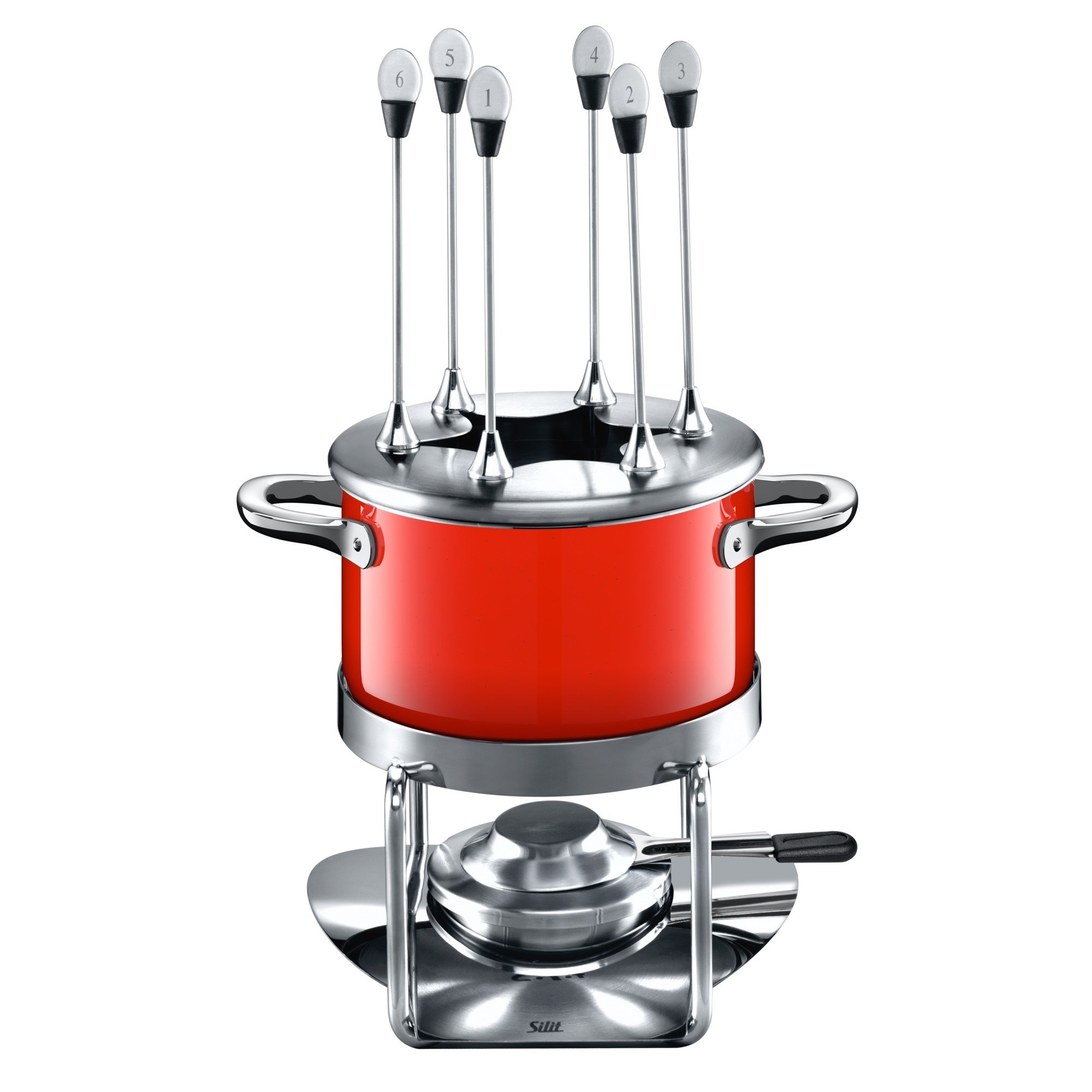 Silit Passion Red Fondue-Set 10-teilig, Fondue für 6 Personen Silargan Edelstahl indktionsgeeignet spülmaschinengeeignet, Fondueset, Fonduetopf Spritzschutz Rechaud Brenner Fonduegabeln