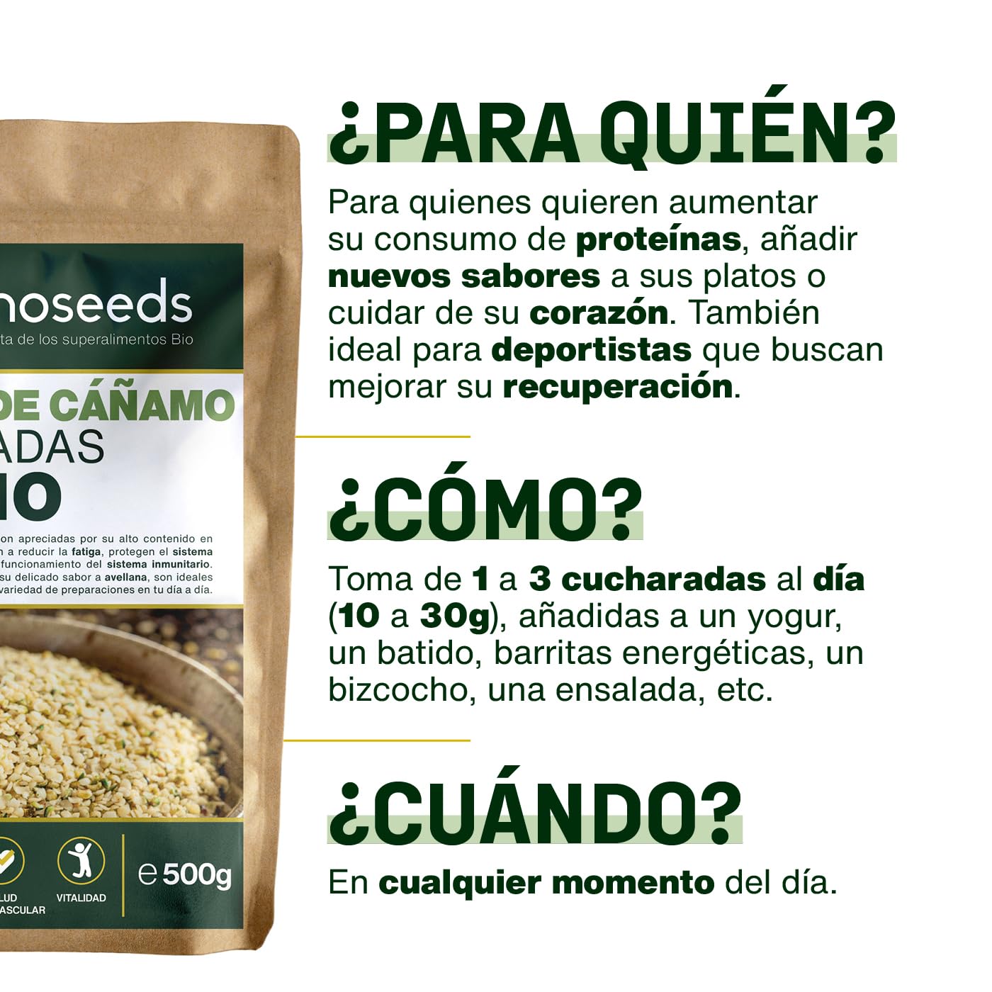 Semillas de Cañamo Peladas Bio 500 g | Origen Europeo | 100% Hemp seeds Naturales, Descascaradas y Crudas | Sin gluten | Primera Calidad