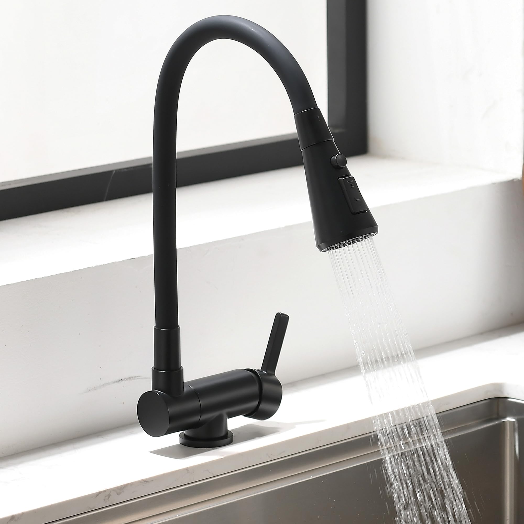 Grifo Cocina Abatible negro,Rotación Y Flexión De 360°,grifos Abatibles Cocina,3 Modos De Pulverización De Agua,Grifo De Fregadero Plegable,Grifo Monomando Bajo Ventana De Material De Latón
