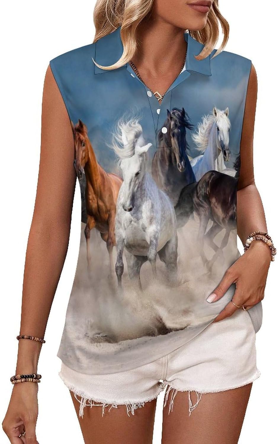 Horse Herd Run in Desert Storm Women's Golf Shirt Sleeveless Polo Shirts Tank Tops Blouses Tennis T-Shirts Casual