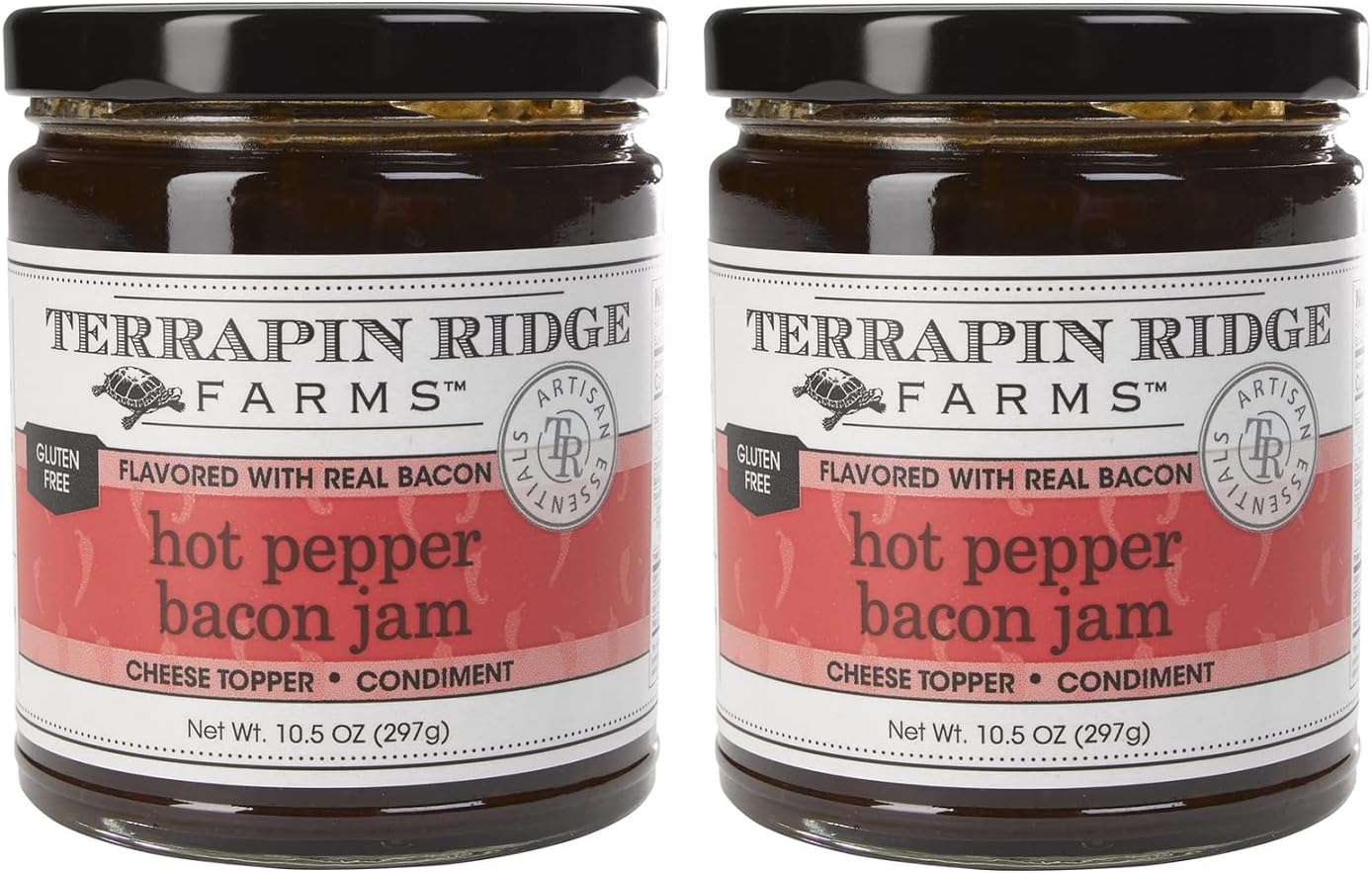 Terrapin Ridge Farms Hot Pepper Bacon Jam โ Sweet & Spicy Spread with Real Bacon & Jalapeรฑo โ Gourmet Condiment for Cheese, Meats, and Appetizers โ Two 10.5 oz Jar
