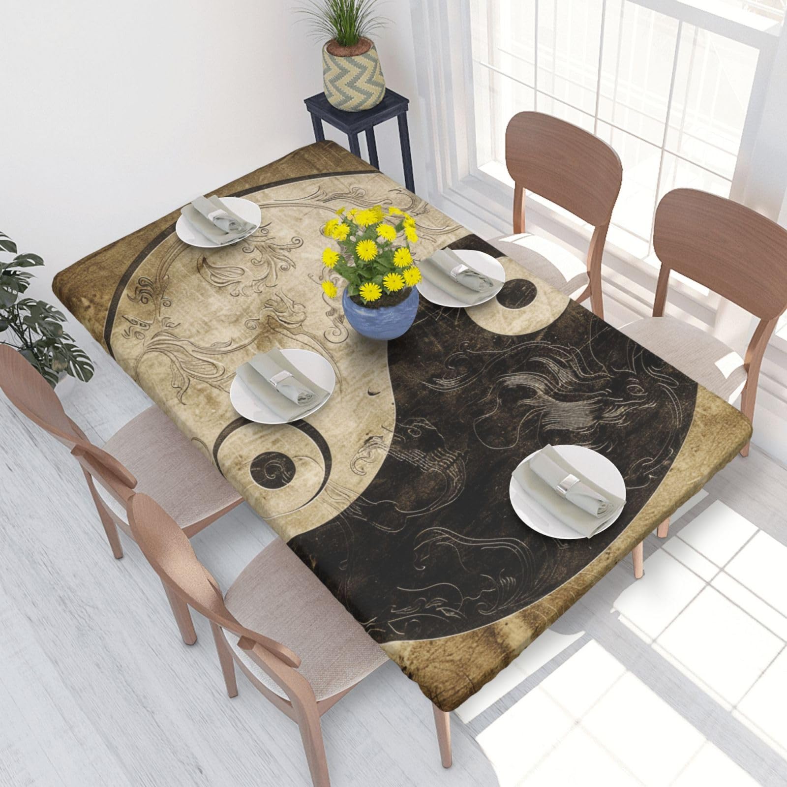 DCARSETCV Yin_Yang_Symbol Printed 4FT Waterproof Tablecloth with Elastic Edged Protect & Decor Your Table, Oil-proof Washable Table Cloth Cover for Dinner Picnic Party