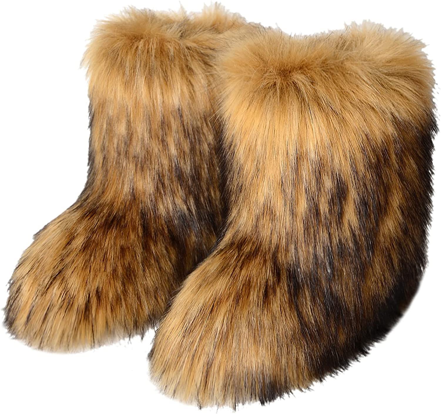 YESBOR Women's Winter Faux Fur Boots Round Toe Warm Fuzzy Fluffy Furry Snow Boots Flat Shoes