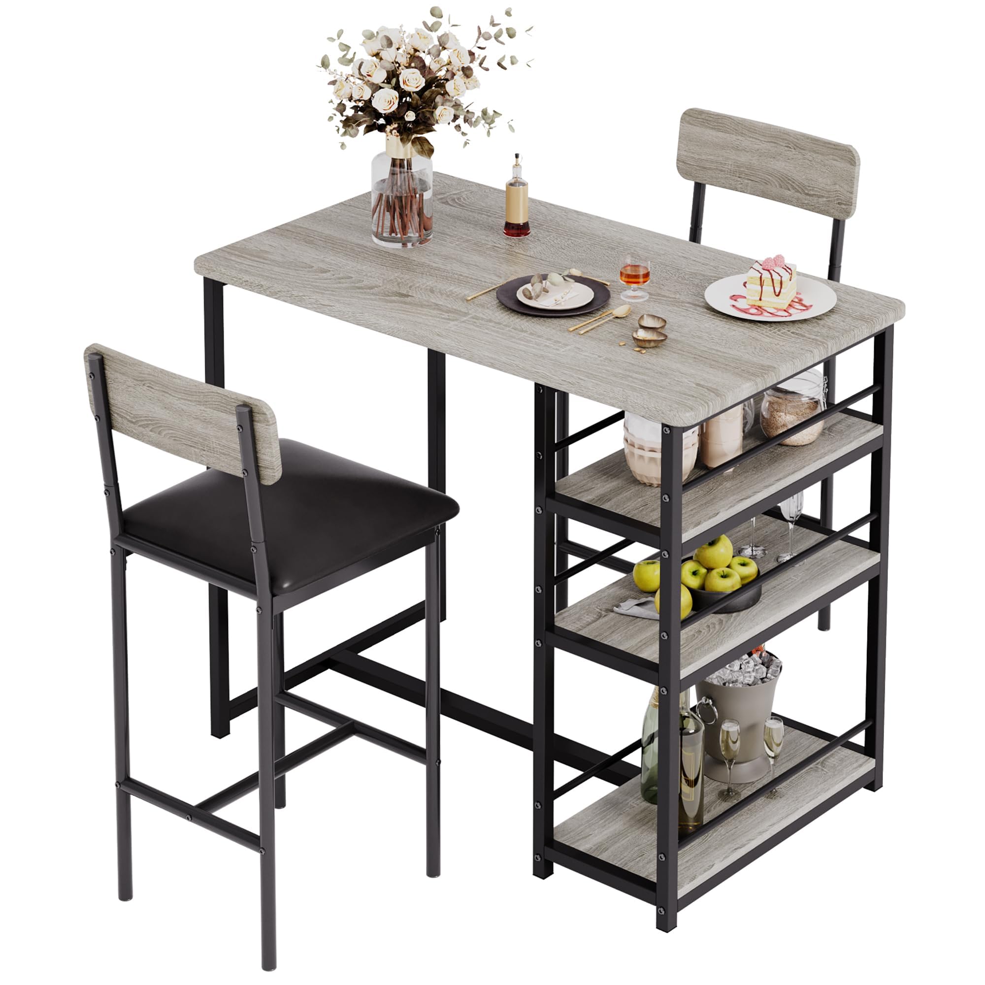 GarveeHome Set di 3 tavoli rialzati – 1 tavolo + 2 sedie imbottite, tavolo da cucina compatto con 3 ripiani, salvaspazio e stabile, metallo + MDF, ideale per cucina, bar e angolo colazione, grigio