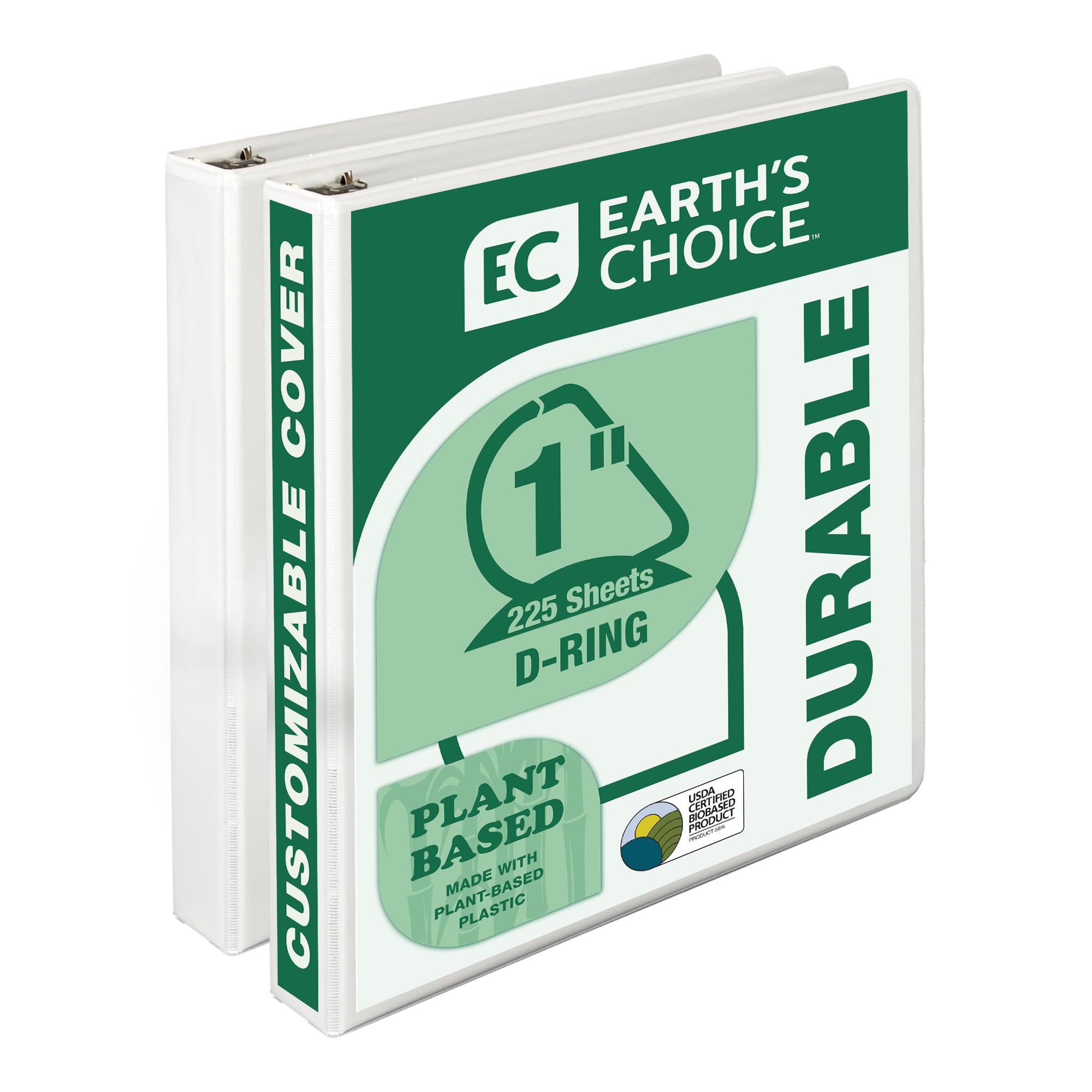 Samsill Earth's Choice, 1" Durable D-Ring View Binder, USDA Certified Biobased, Eco-Friendly, White, 2 Pack