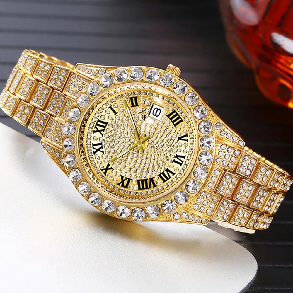 Relojes Hip Hop para Hombre, Relojes de Cuarzo de Lujo con Diamantes Brillantes con Fecha