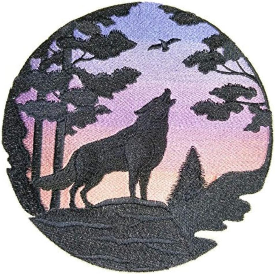 Nature Weaved in Threads, Amazing Animal Kingdom [Wolf Silhouette at Sunset ] [Custom and Unique] Embroidered Iron on/Sew Patch [7.76" *7.76"] [Made in USA]