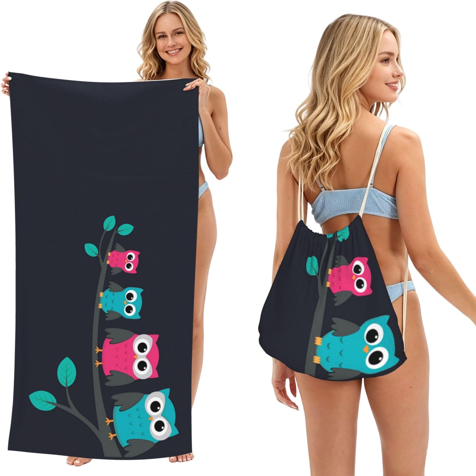 WSHFFILO Cute Owls printed 2 in 1 Packable Towel Bag Bath Towel Beach Towel