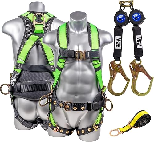 Miniatura 9 de Palmer Safety Kit doble de 6 pies I arnés de cabeza de martillo de 5 puntos, línea de vida doble autorretráctil, correa de brazo cruzado de 4 pies I