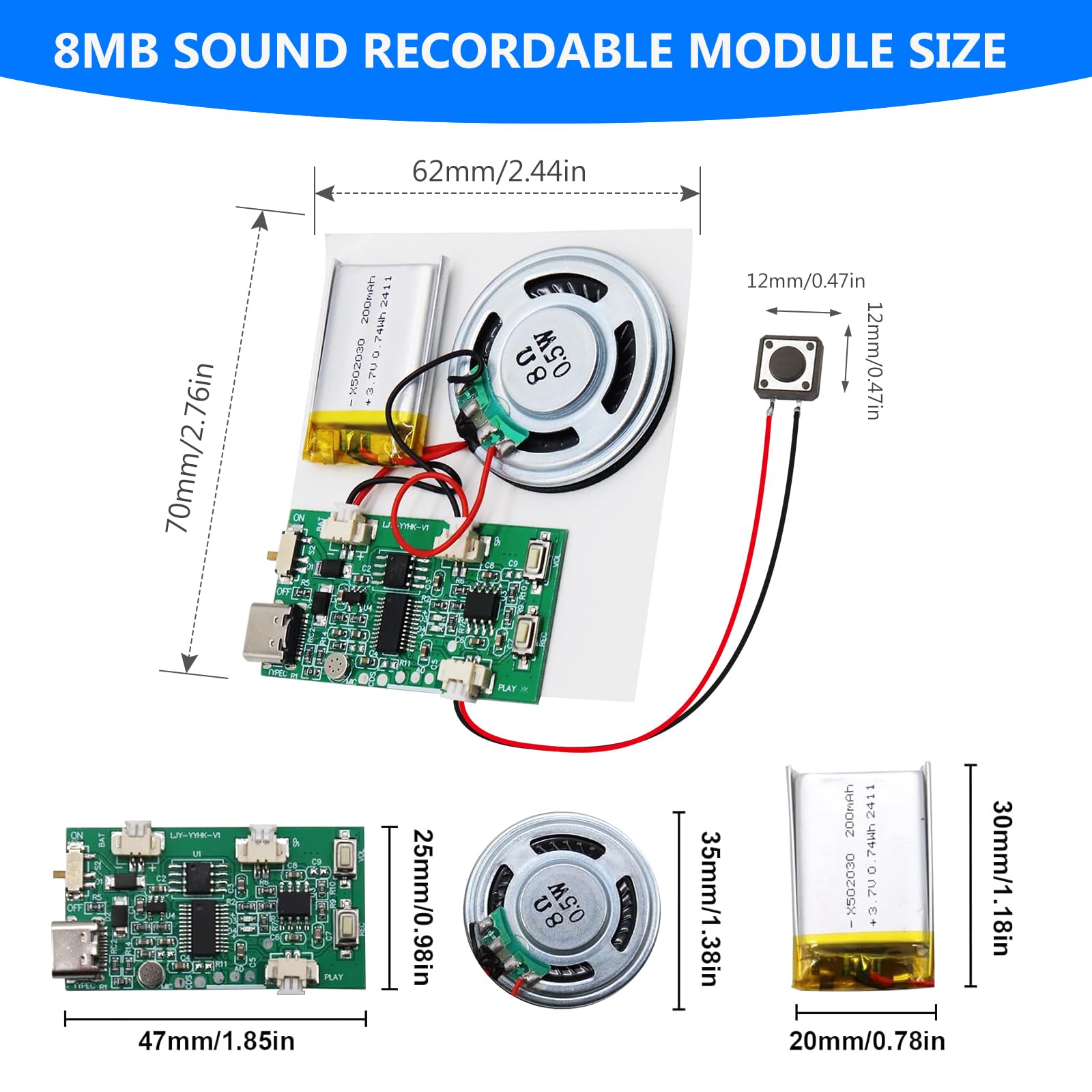 Zestaw 3 modułów dźwiękowych USB MP3 z głośnikiem, nagrywanie głosu, akumulator, do 8 m
