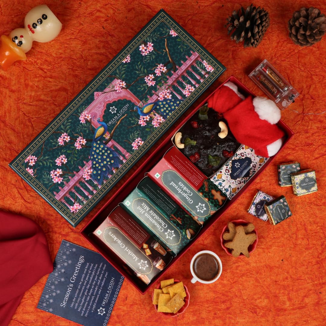 Dream a Dozen Festive Feast Hamper | Premium Christmas Gift Box with Eggless Plum Cake, Hot Chocolate, Gingerbread Cookies, Chocolates, Crackers & Festive Decor | Christmas Gifts for Women, Men, Friends, Family & Office | New Year Gift Hamper-image-1