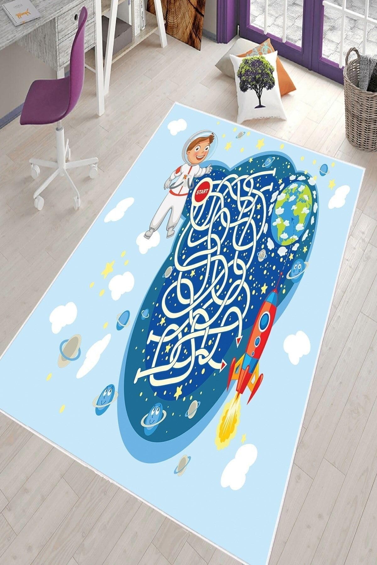 Pelangi Mavi Astronot Uzay Yolu Yıkanabilir Kaymaz Taban Leke Tutmazbebek Ve Çocuk Odası Halısı, Mavi-Lacivert 120 x 180