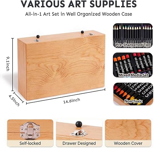 Miniatura 7 de Juego de 175 piezas de arte de madera de lujo con 2 almohadillas de dibujo, pinturas acrílicas, lápices de colores, lápices de colores, pincel, kit