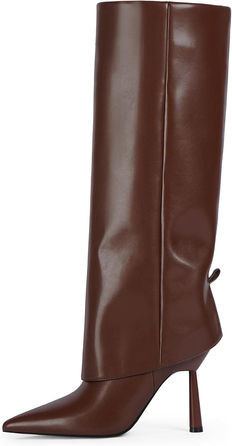 Modatope Fold Over Knee High Boots Women Pointed Toe Stiletto Heel Tall Boots Side Zipper Womens Dressy Boot - Image 4