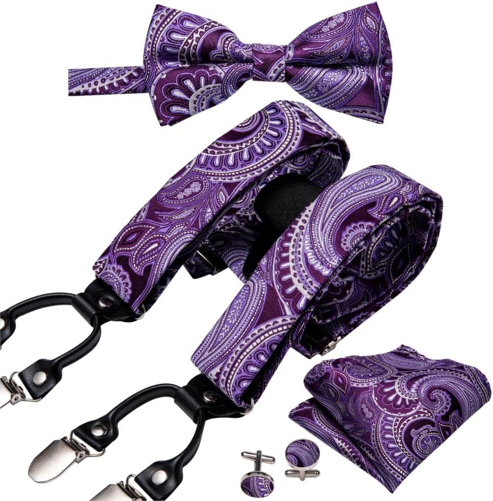Suspender for Men Silk Bowtie Set Cufflinks Elastic Wedding 6 Clips Bow Tie for Party