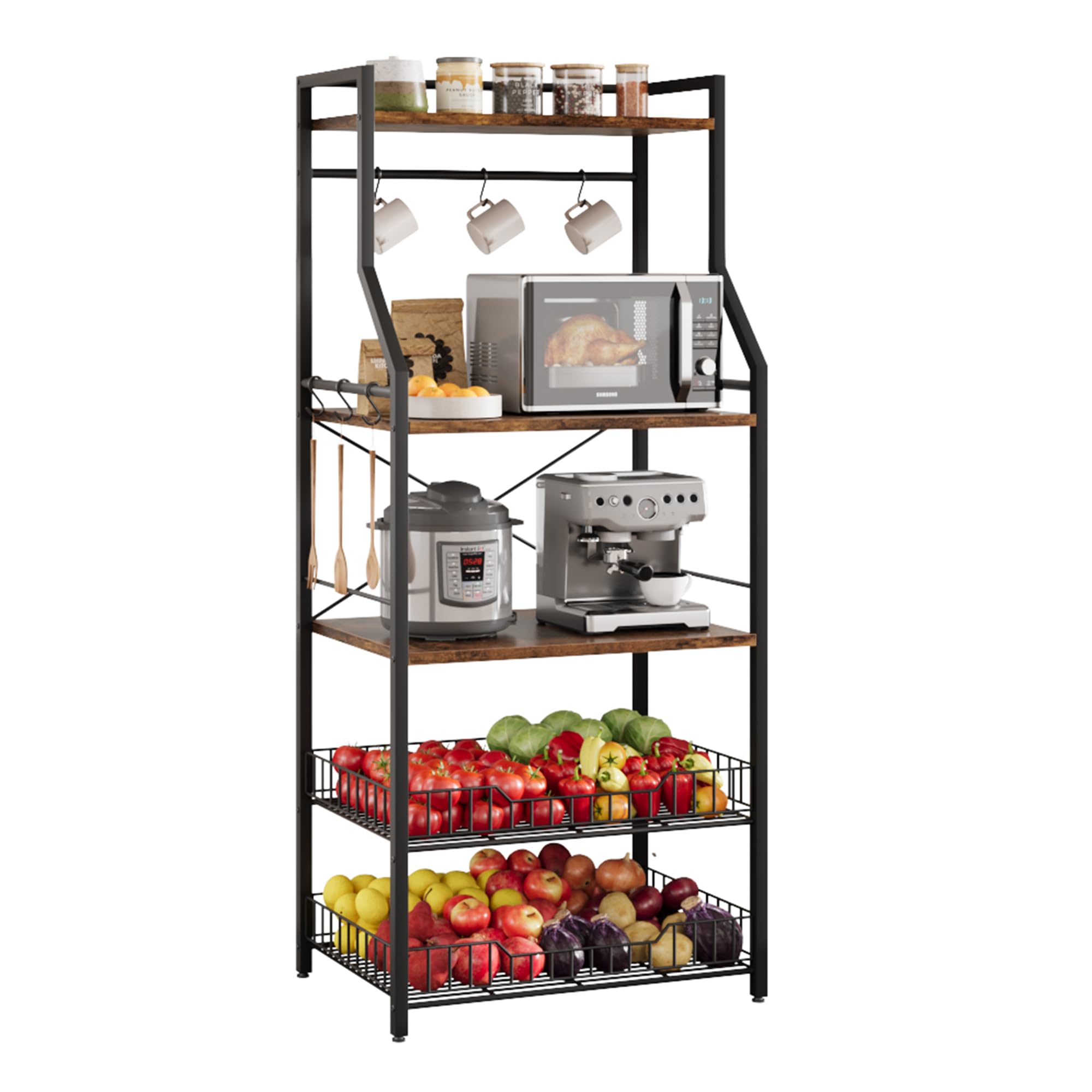 Aptliton Kitchen Baker's Rack with Wire Baskets, 4-Tier Microwave Oven Stand & Coffee Station, Industrial Utility Storage Shelf Unit with Hooks for Spices Pots