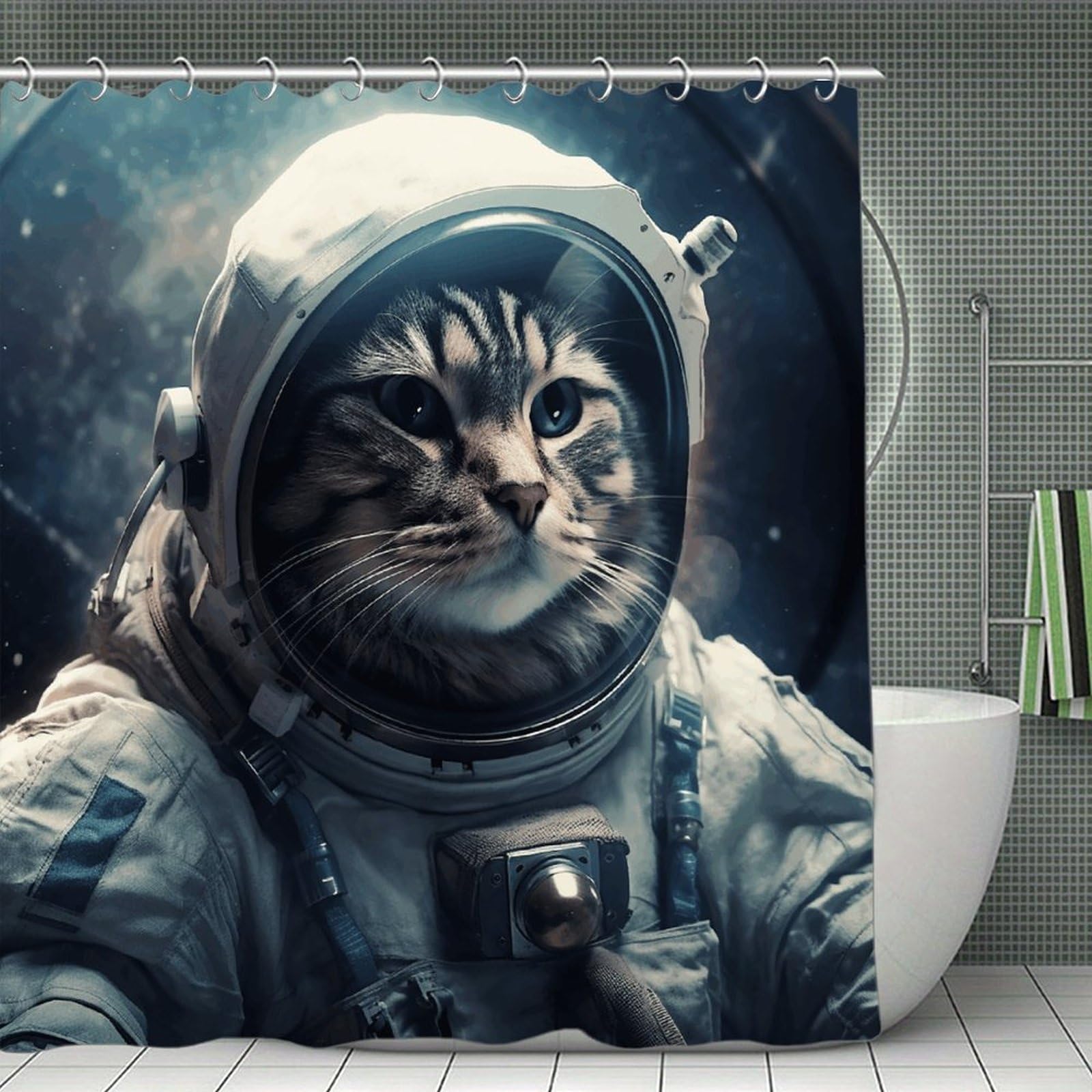 VstaDank Astronaut Cat in Space Bath Curtain Elegant Heavy Duty Shower Curtains 70x70 in Rustic Farmhouse Cloth Shower Curtains Neutral Modern Bath Curtain for Bathroom
