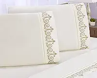 Jogo de Lençol Bordado para Cama Queen ALGODÃO 400 Fios 4 peças (ATENAS PALHA COM CAKI)