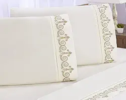 Jogo de Lençol Bordado para Cama Queen ALGODÃO 400 Fios 4 peças (ATENAS PALHA COM CAKI)