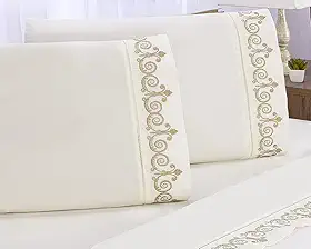 Jogo de Lençol Bordado para Cama Queen ALGODÃO 400 Fios 4 peças (ATENAS PALHA COM CAKI)