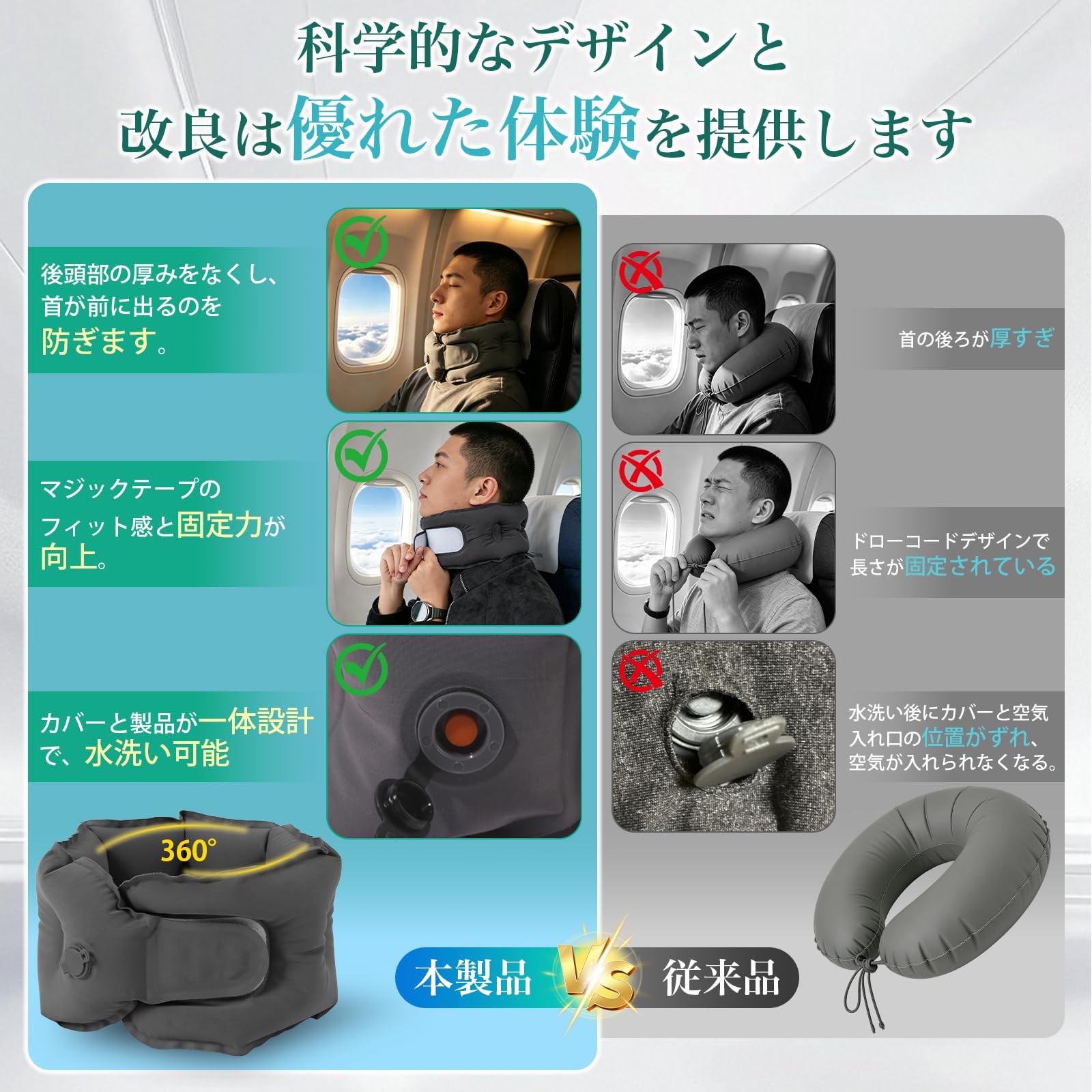 Hankins ネックピロー エアーピロー 超軽量 コンパクト 首枕 充気式 ポンプ内蔵 10秒急速充気 サイズ調整可能 洗えるカバー 収納ポーチ付き 飛行機 新幹線 車 夜行バス 旅行 機内 オフィス 仮眠 便利グッズ(グレー) - 4