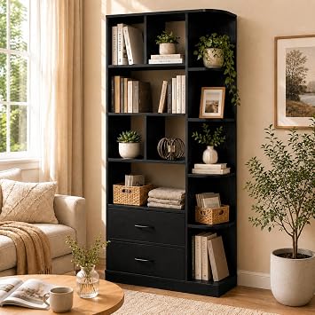 NORTHSKY Book Shelf with 2 X Fabric Drawers, 5-Tier Tall Bookshelf, Modern Wood Storage Organizer with Open Shelves for Living Room Bedroom Home Office, Black