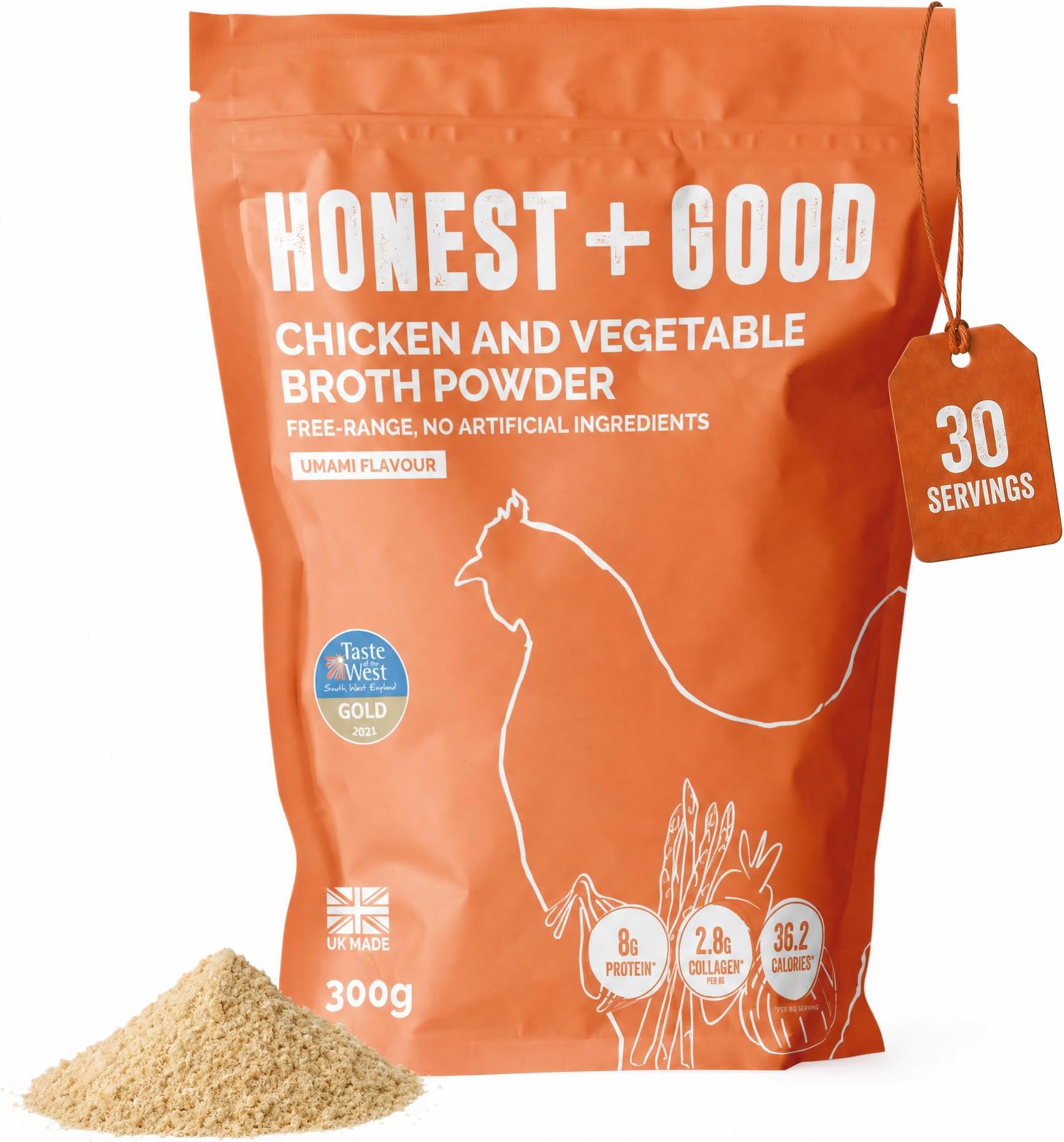 Honest + Good Chicken & Vegetable Bone Broth Powder - 300 g | 1 Month Supply | UK Made Gold Award Winner | Made With Free Range Chicken | Type II Collagen & Protein Promote Hair Skin Nail & Gut Health