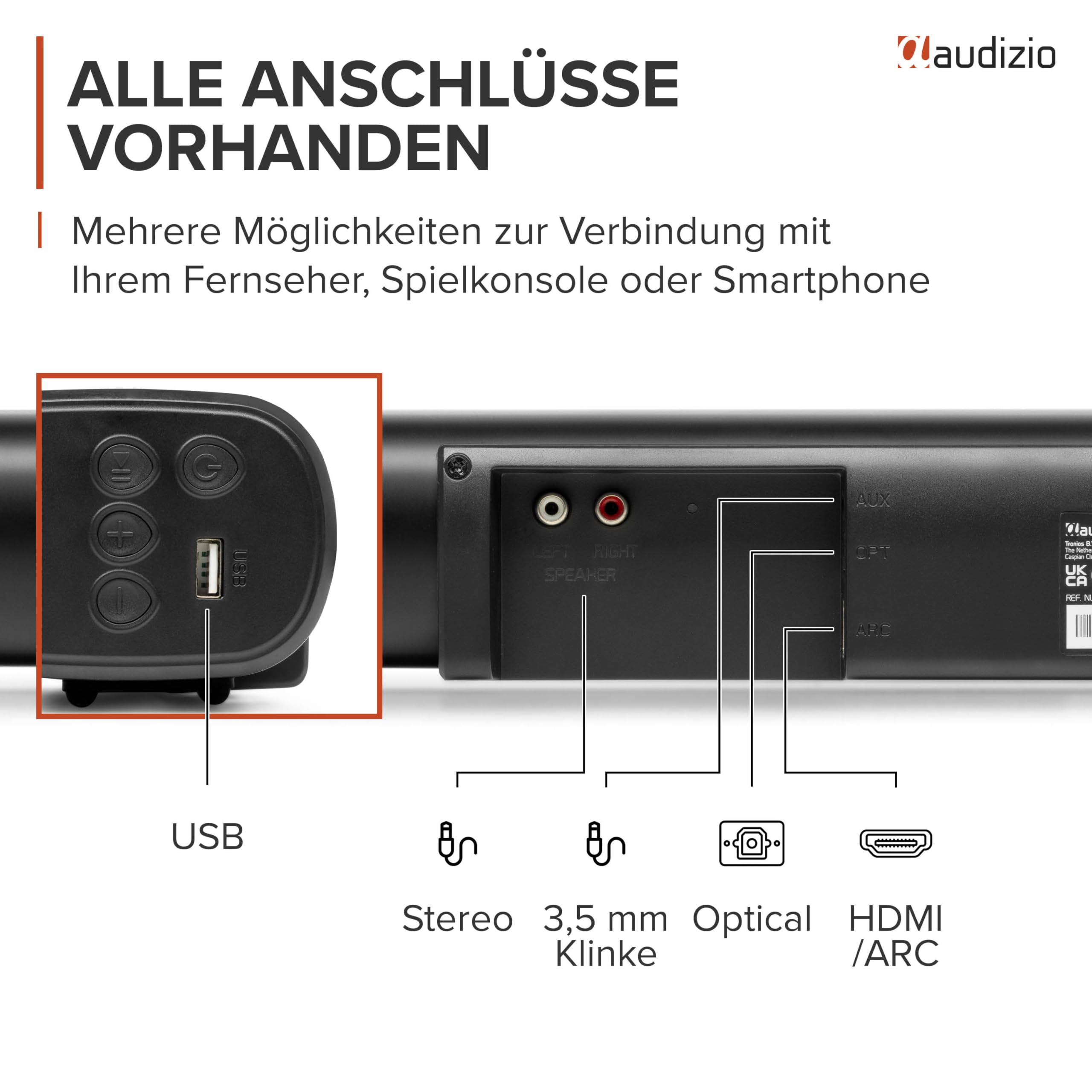 Audizio SB100 5.1 Soundsystem - TV Soundbar mit Subwoofer, 180 Watt, Bluetooth 5.3, Heimkino Soundsystem mit 2 Surround Lautsprecher, HDMI ARC, Optisch, 97cm Soundbar für TV Geräte, Fernbedienung