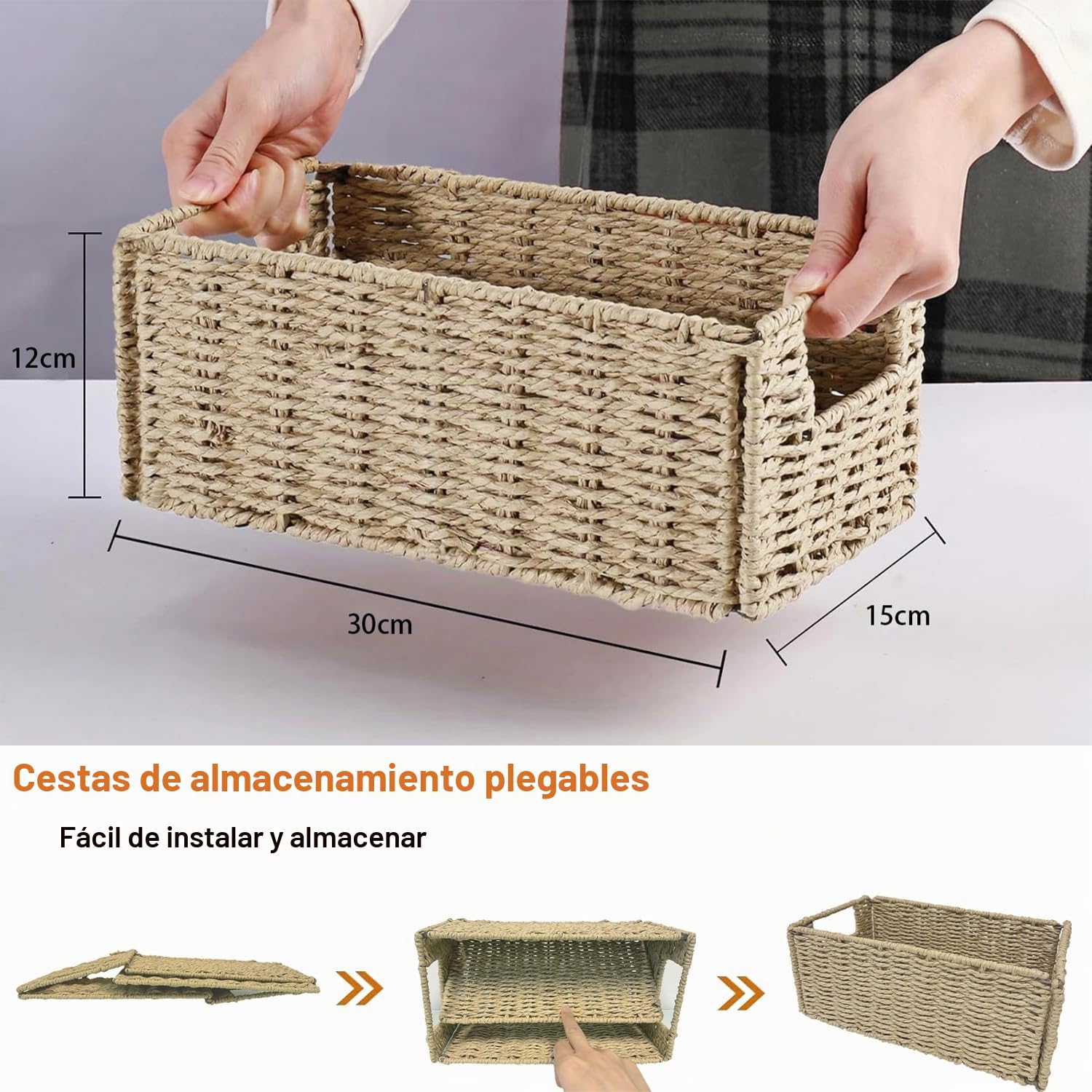 2 Cestas de Almacenaje, Cesta Mimbre Tejidas a Mano Rectangular 30x15x12cm, Cesta Plegable de Papel Jacinto de Agua, Cesto Decorativo para Baño Estanterías Kallax Cocina y Cosa Pequeñas