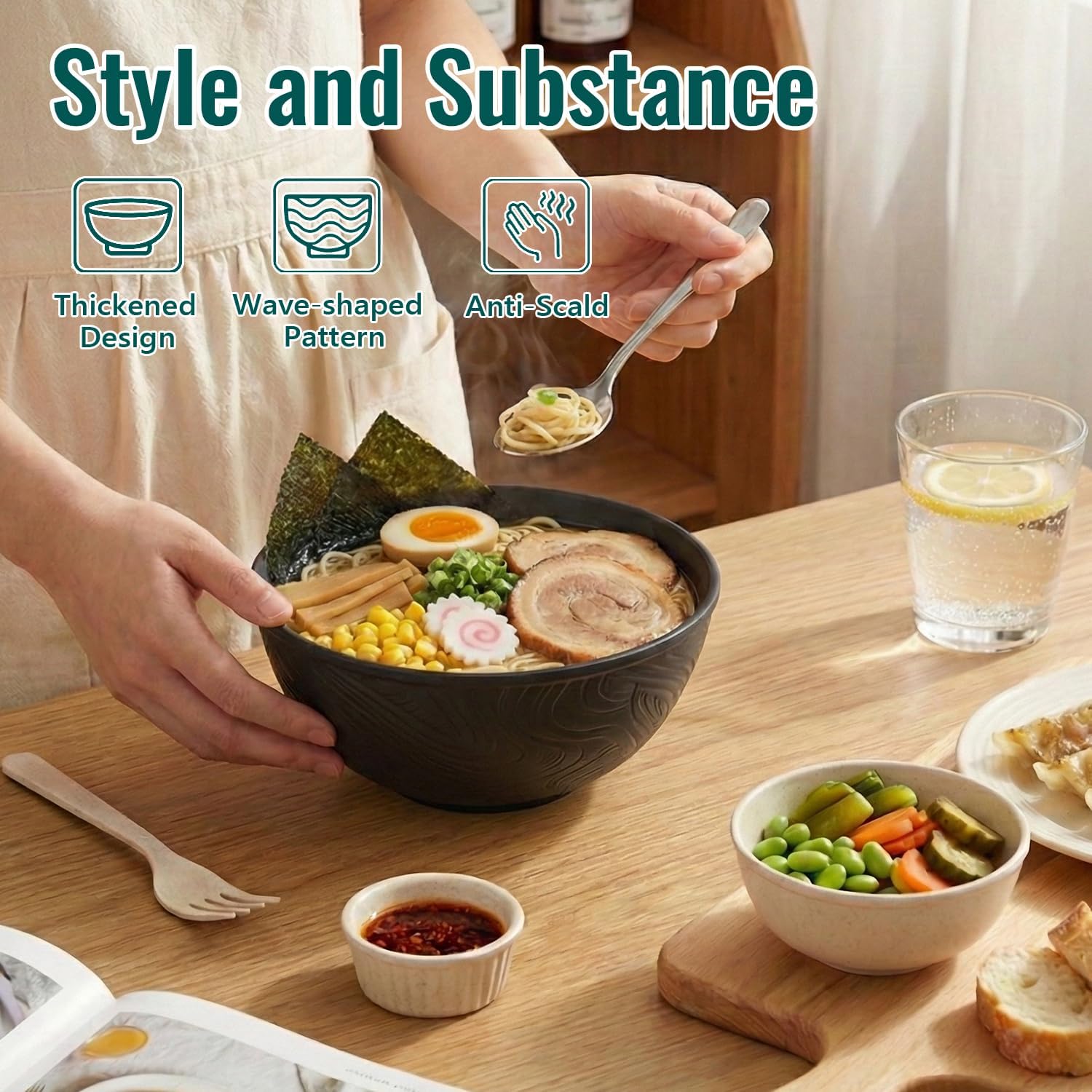 Ramen Bowls Sets of 8, Unbreakable & Thick Wheat Straw Bowls 40 OZ, Microwavable Large Bowl for Salad, Soup, Fruit, Cereal, Reusable Plastic Bowls for Kitchen, Camping, Apartment - Black